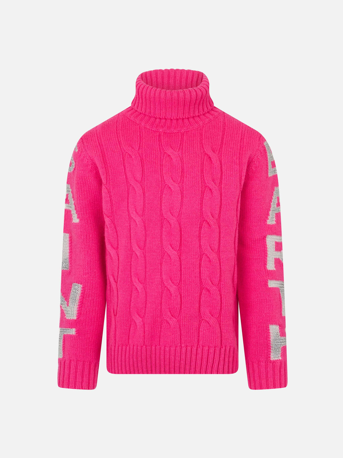 Maglia dolcevita Adler Jr rosa fluo a trecce con jacquard logo argento