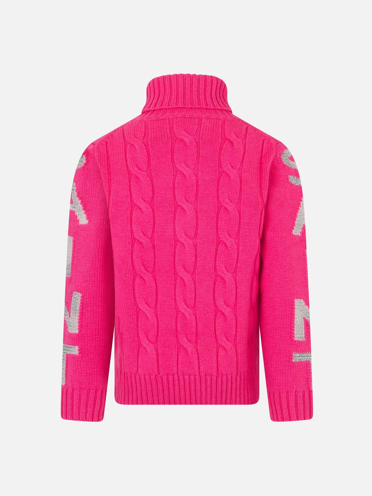 Maglia dolcevita Adler Jr rosa fluo a trecce con jacquard logo argento