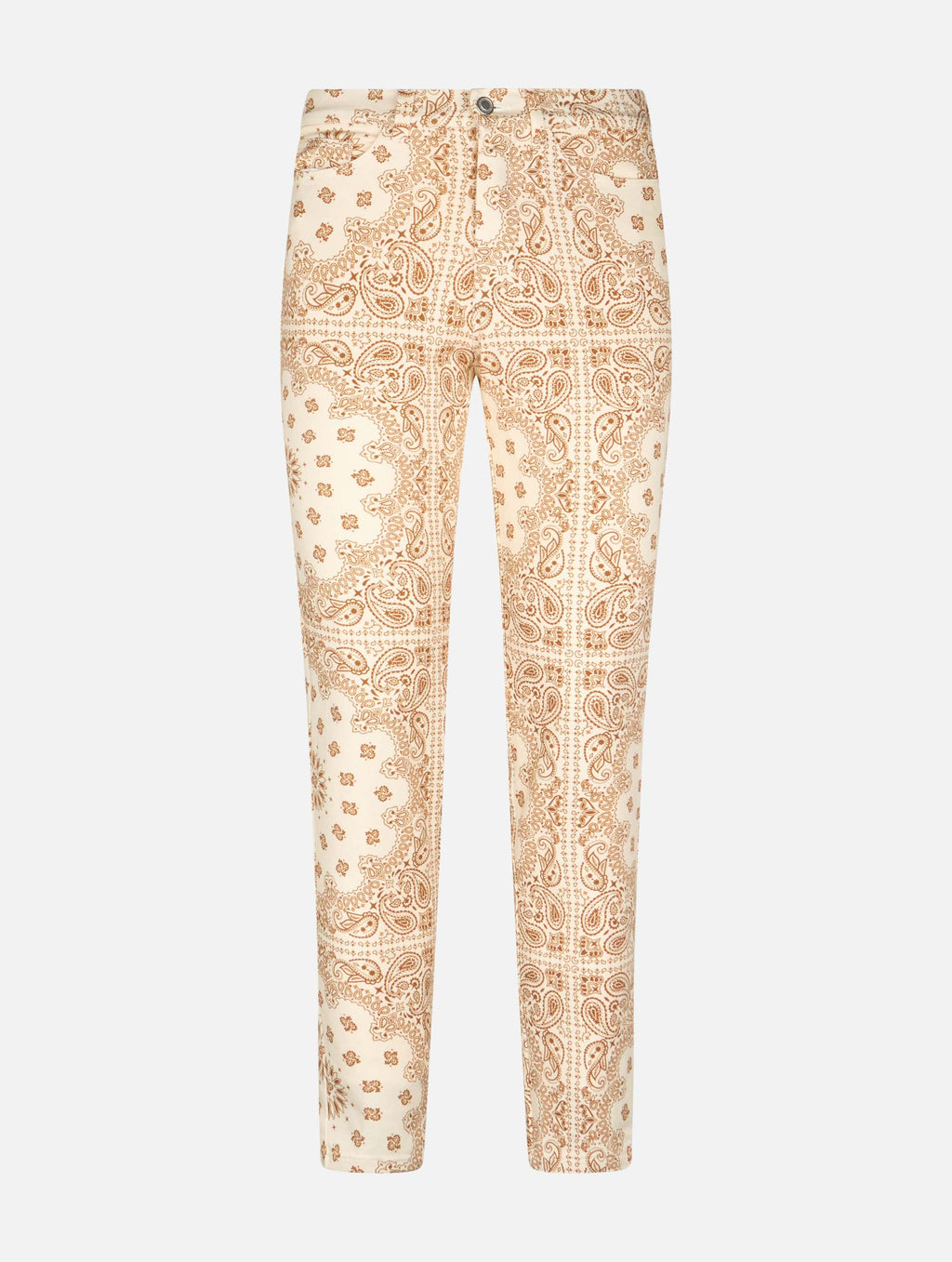 Pantaloni Belleville in denim con stampa bandana su fondo bianco panna