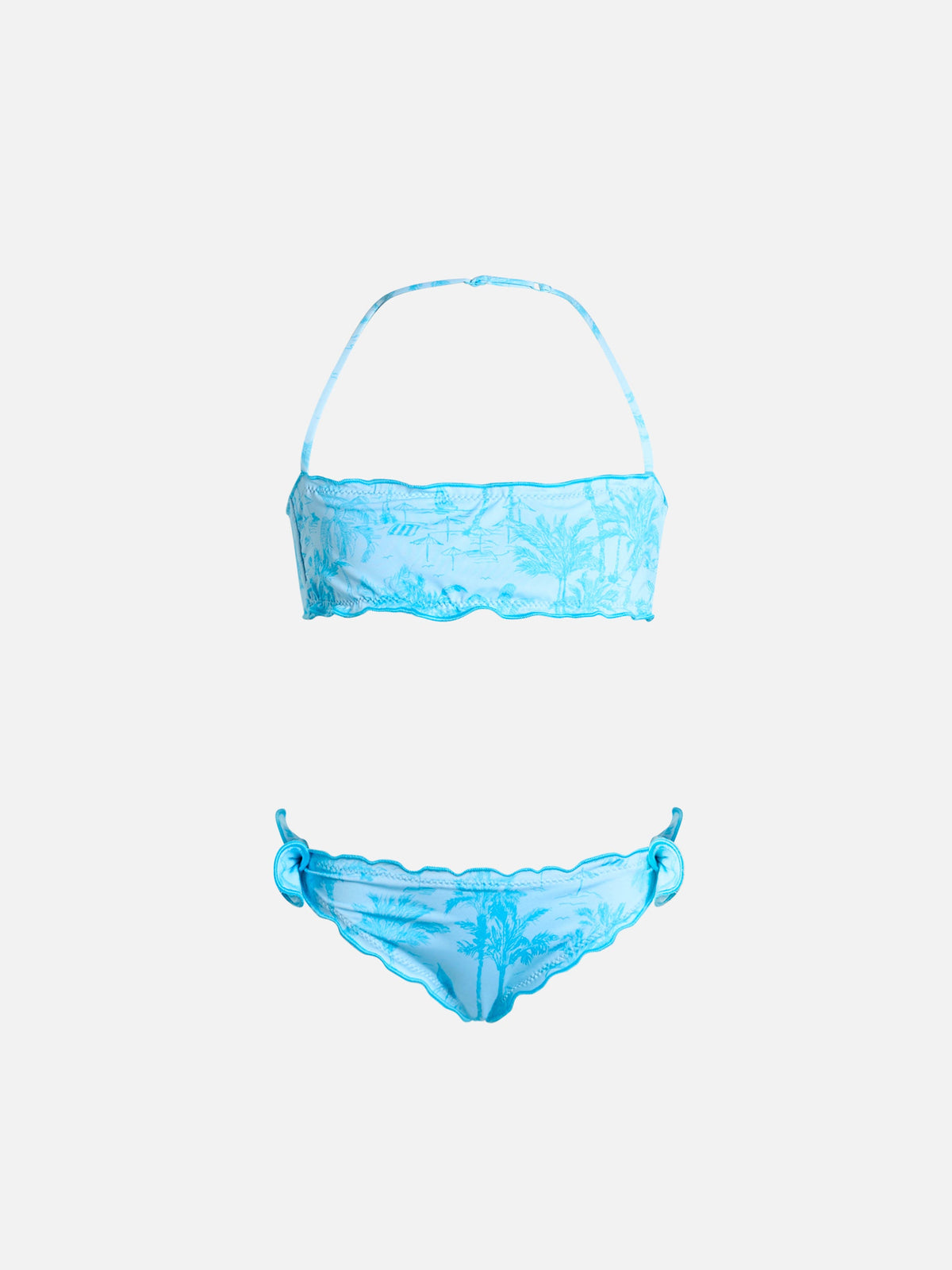 Bikini a fascia Emy azzurro con stampa toile de Jouy