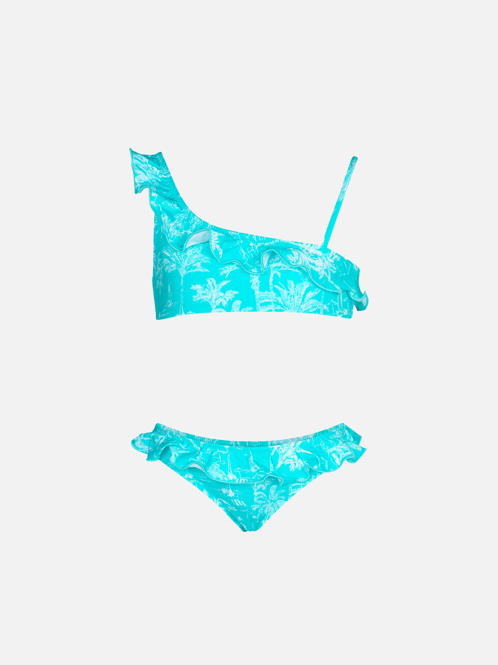 Bikini monospalla Rey verde acqua con stampa toile de Jouy