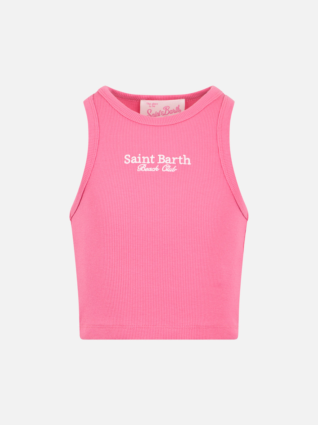 Canotta crop Blue Jr fucsia con stampa St. Barth Beach Club