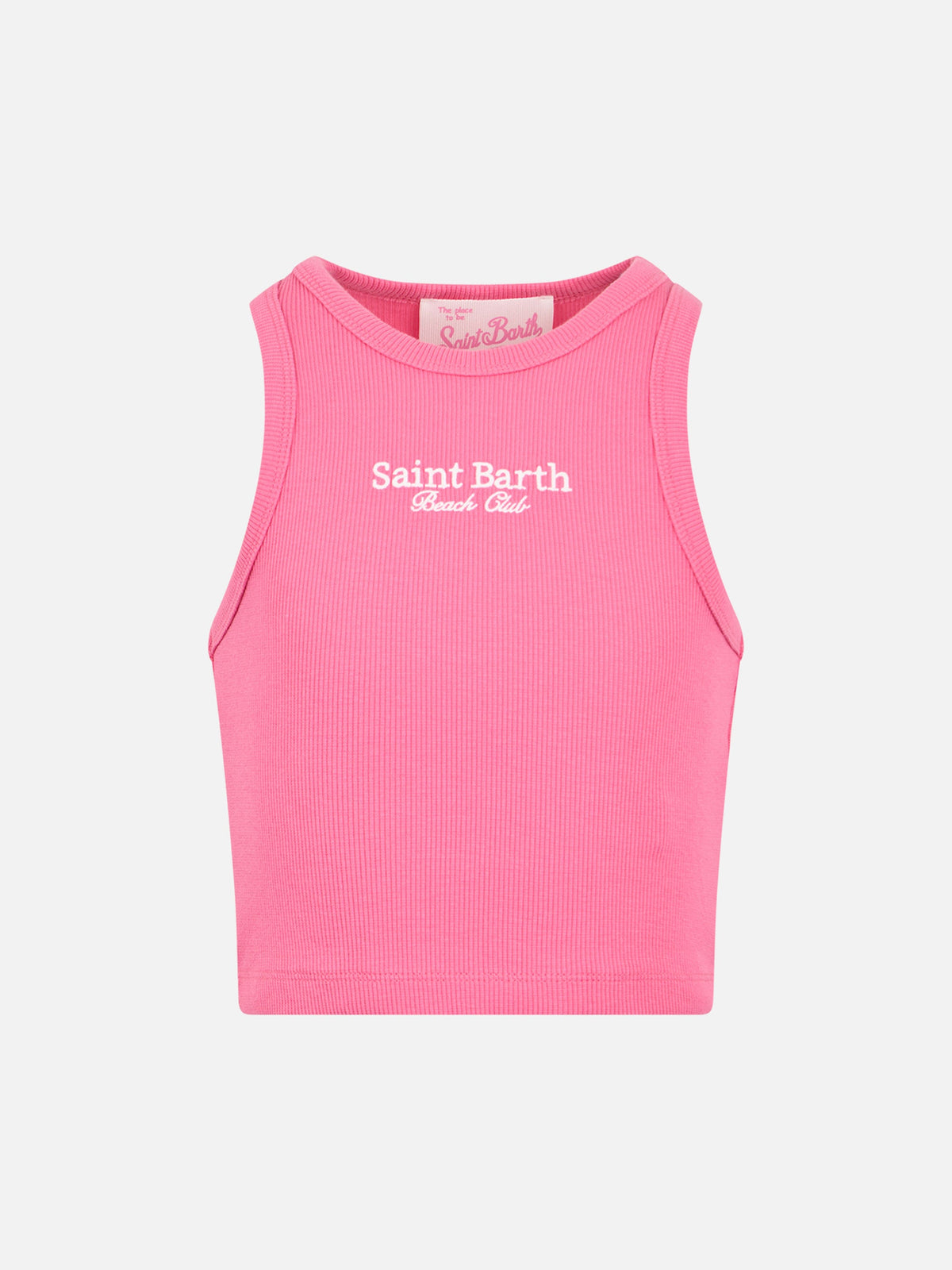 Canotta crop Blue Jr fucsia con stampa St. Barth Beach Club