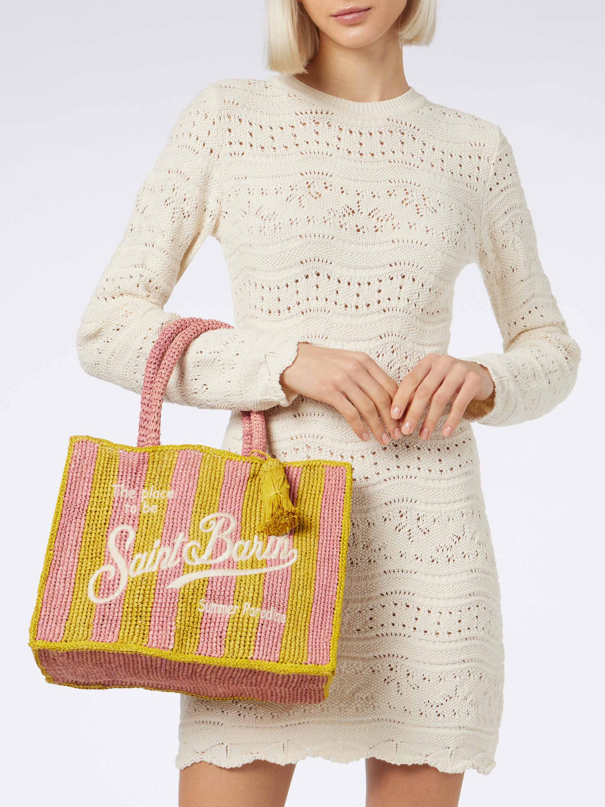 Borsa a mano Colette in rafia a righe pop