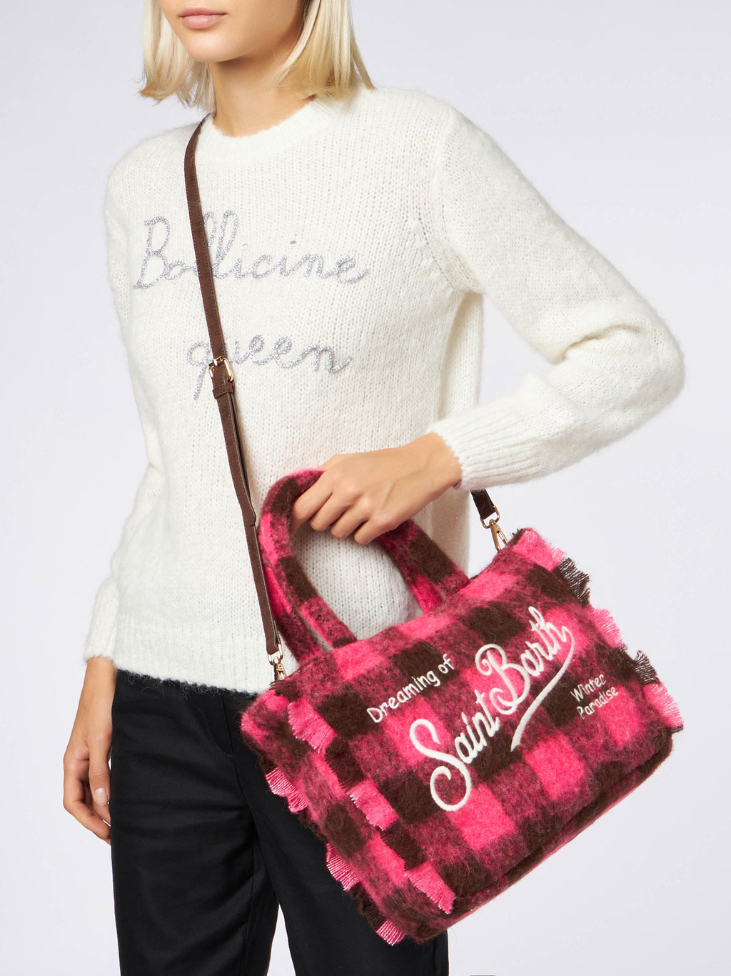Borsa Colette Classic fucsia e marrone a quadri con frange