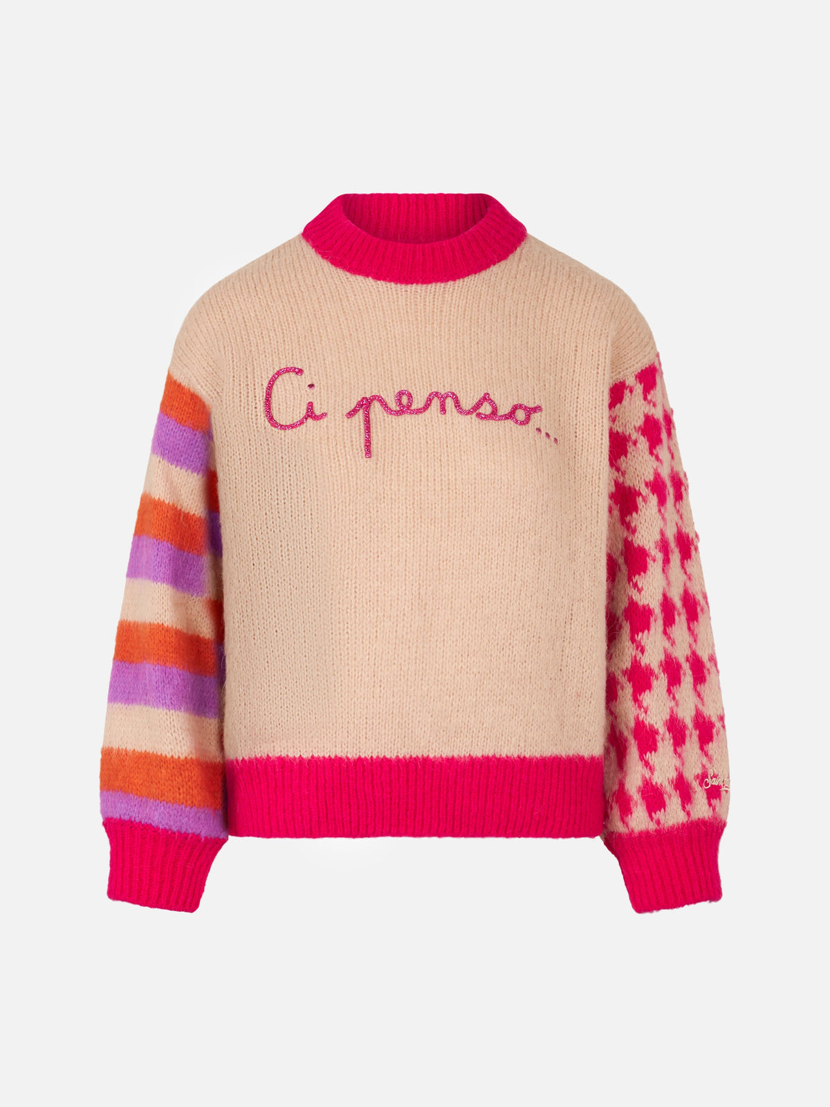 Maglia Danya Soft beige con maniche multicolor e ricamo Ci penso