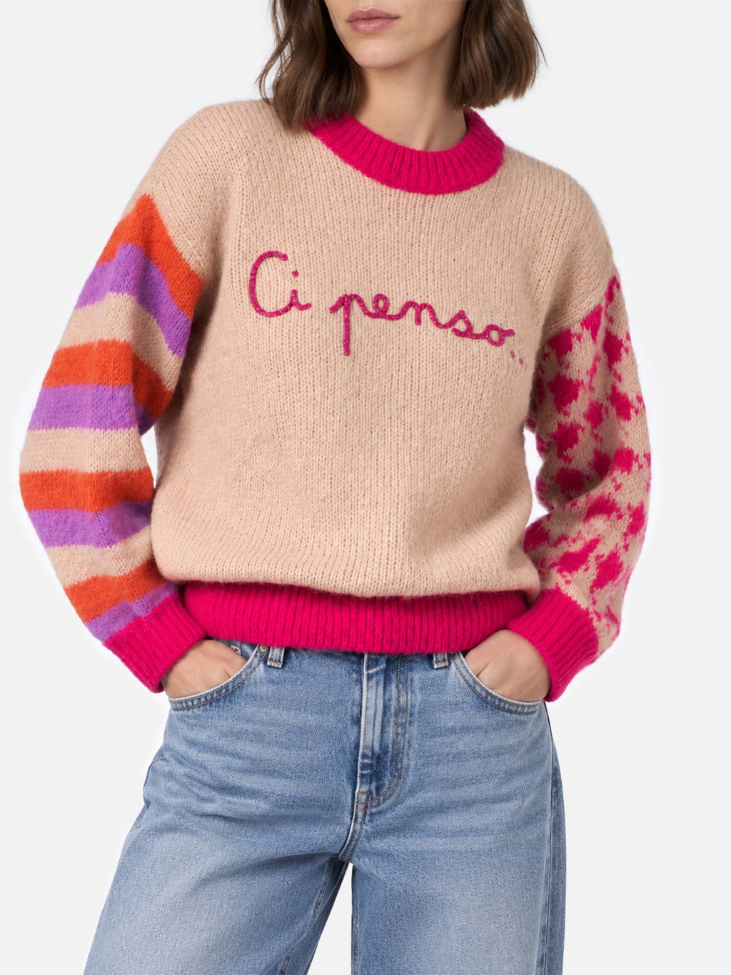 Maglia Danya Soft beige con maniche multicolor e ricamo Ci penso