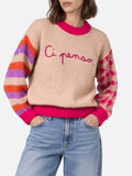 Maglia Danya Soft beige con maniche multicolor e ricamo Ci penso