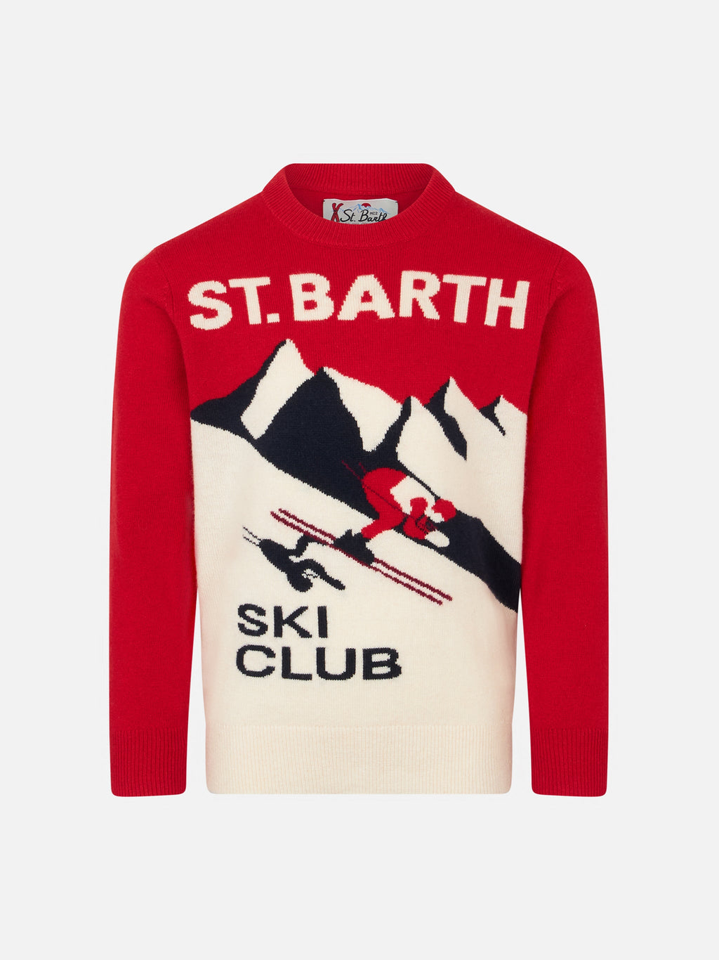 Maglia girocollo Douglas rossa con jacquard St. Barth Ski Club