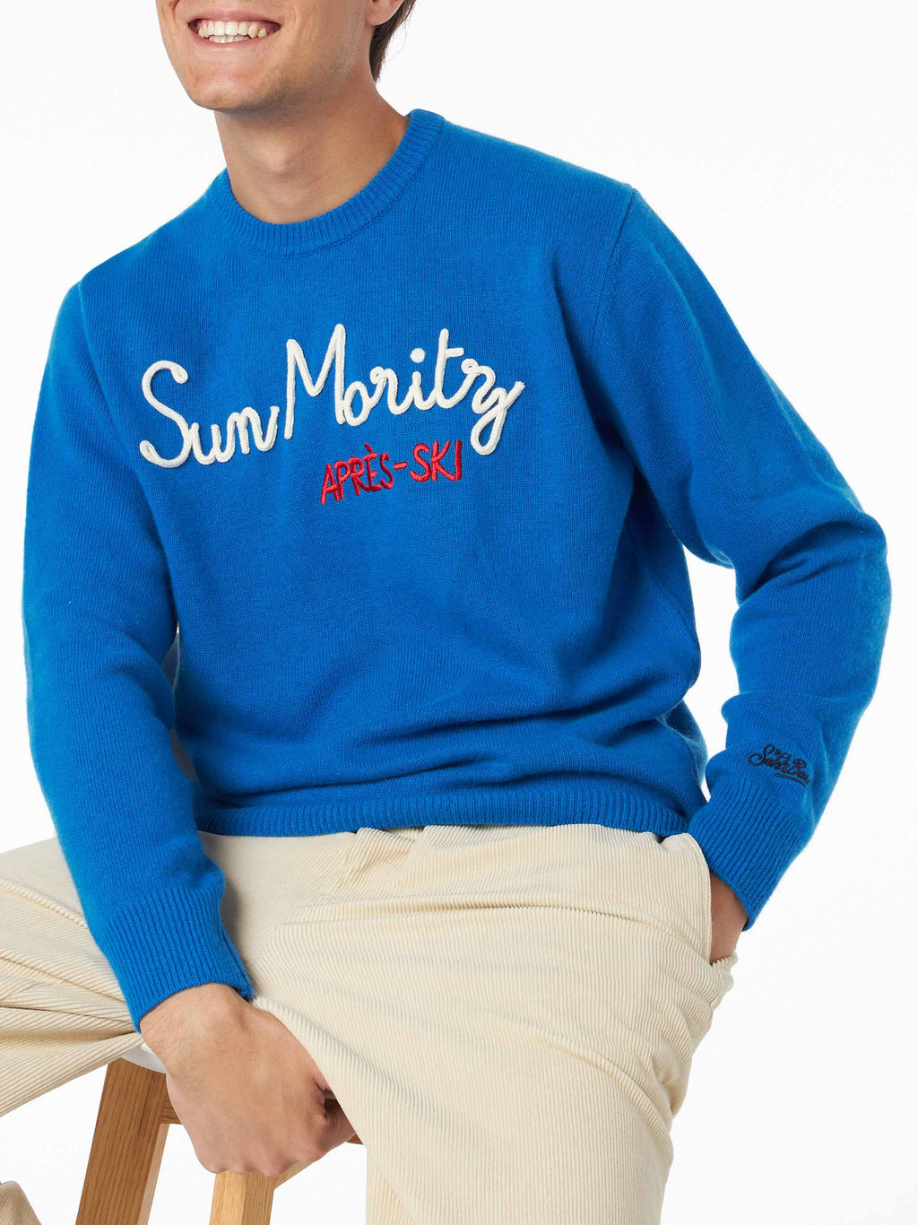 Maglia girocollo Heron blu con ricamo St. Moritz Après Ski