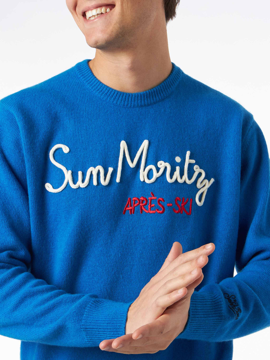 Maglia girocollo Heron blu con ricamo St. Moritz Après Ski