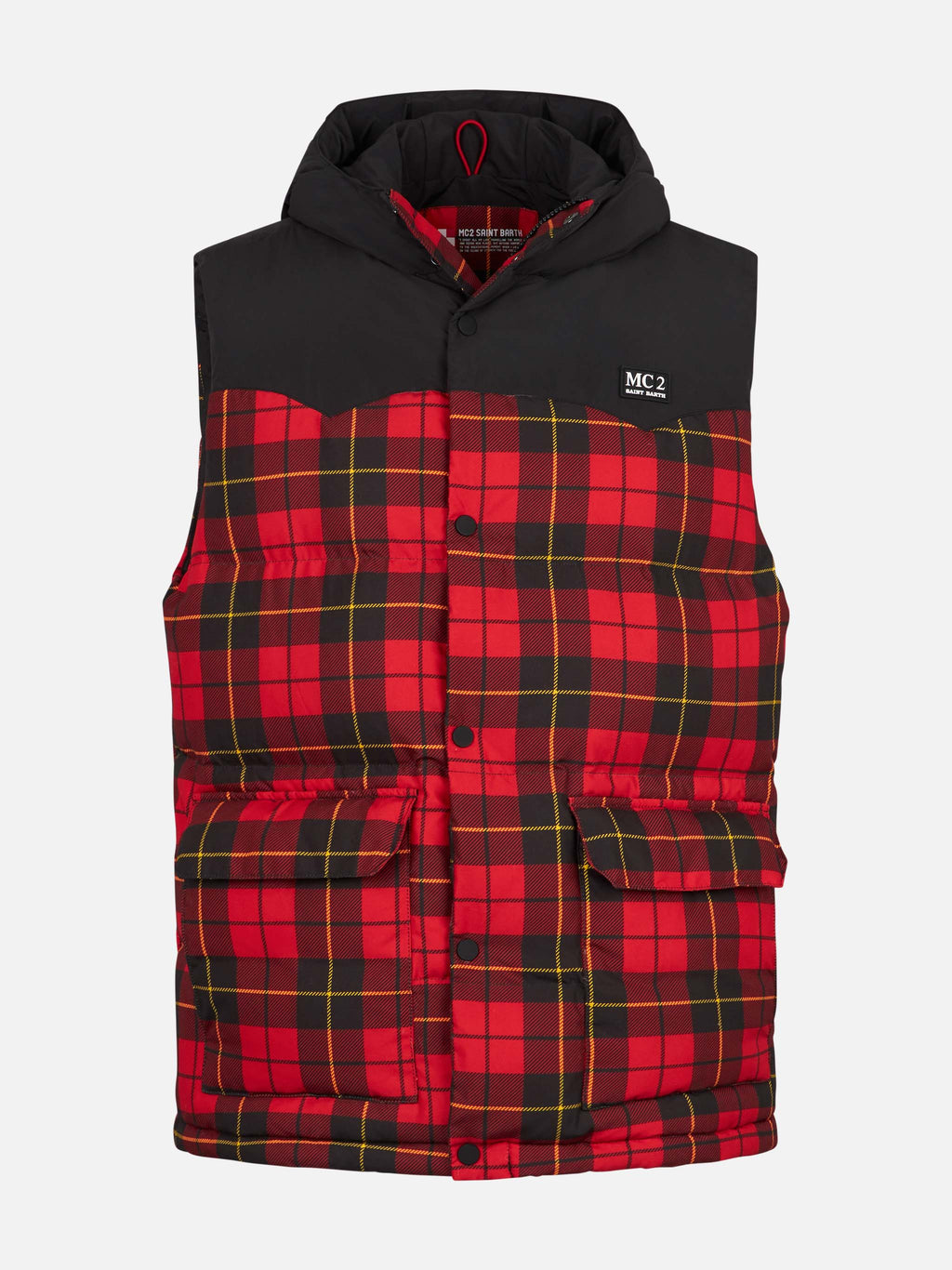 Gilet Klosters rosso e nero tartan con cappuccio