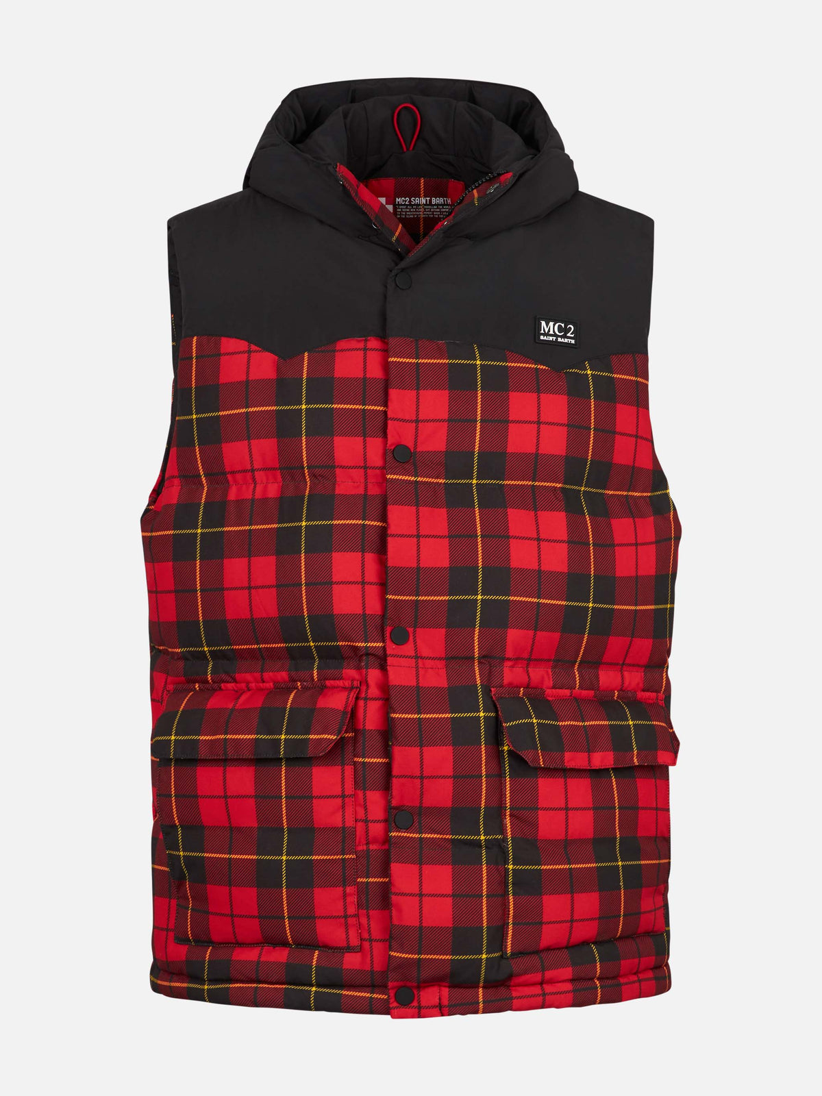 Gilet Klosters rosso e nero tartan con cappuccio