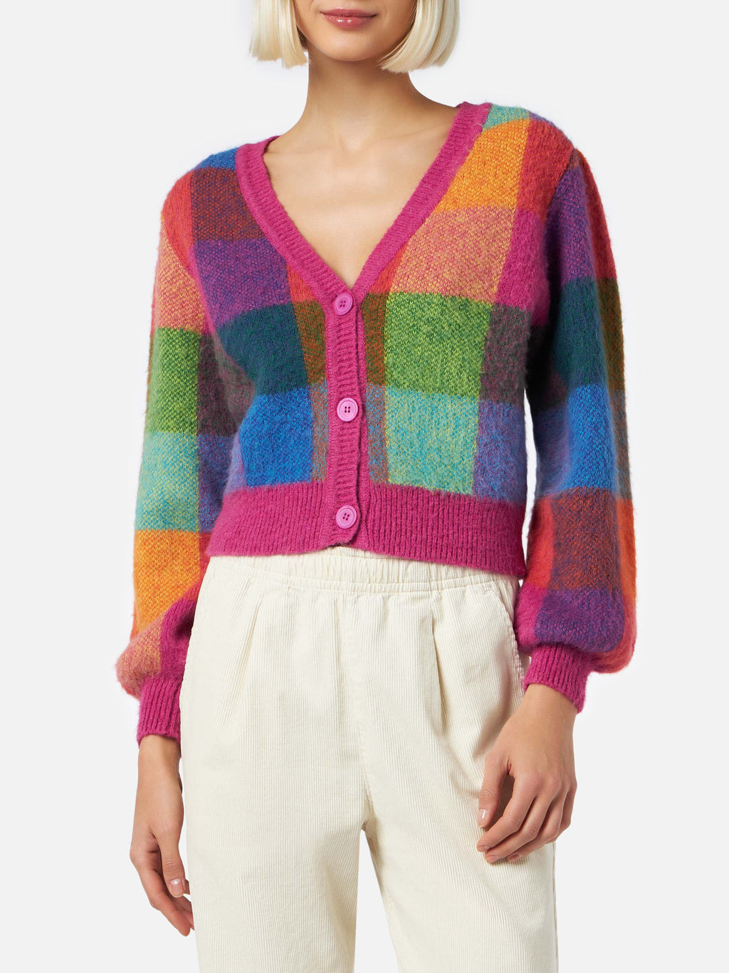Cardigan corto Lyza Soft a quadri con maniche a sbuffo