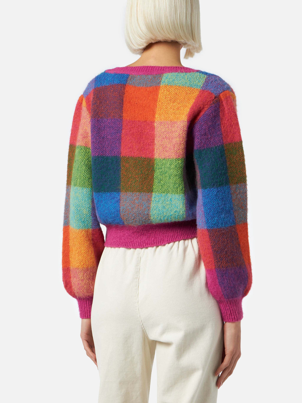 Cardigan corto Lyza Soft a quadri con maniche a sbuffo