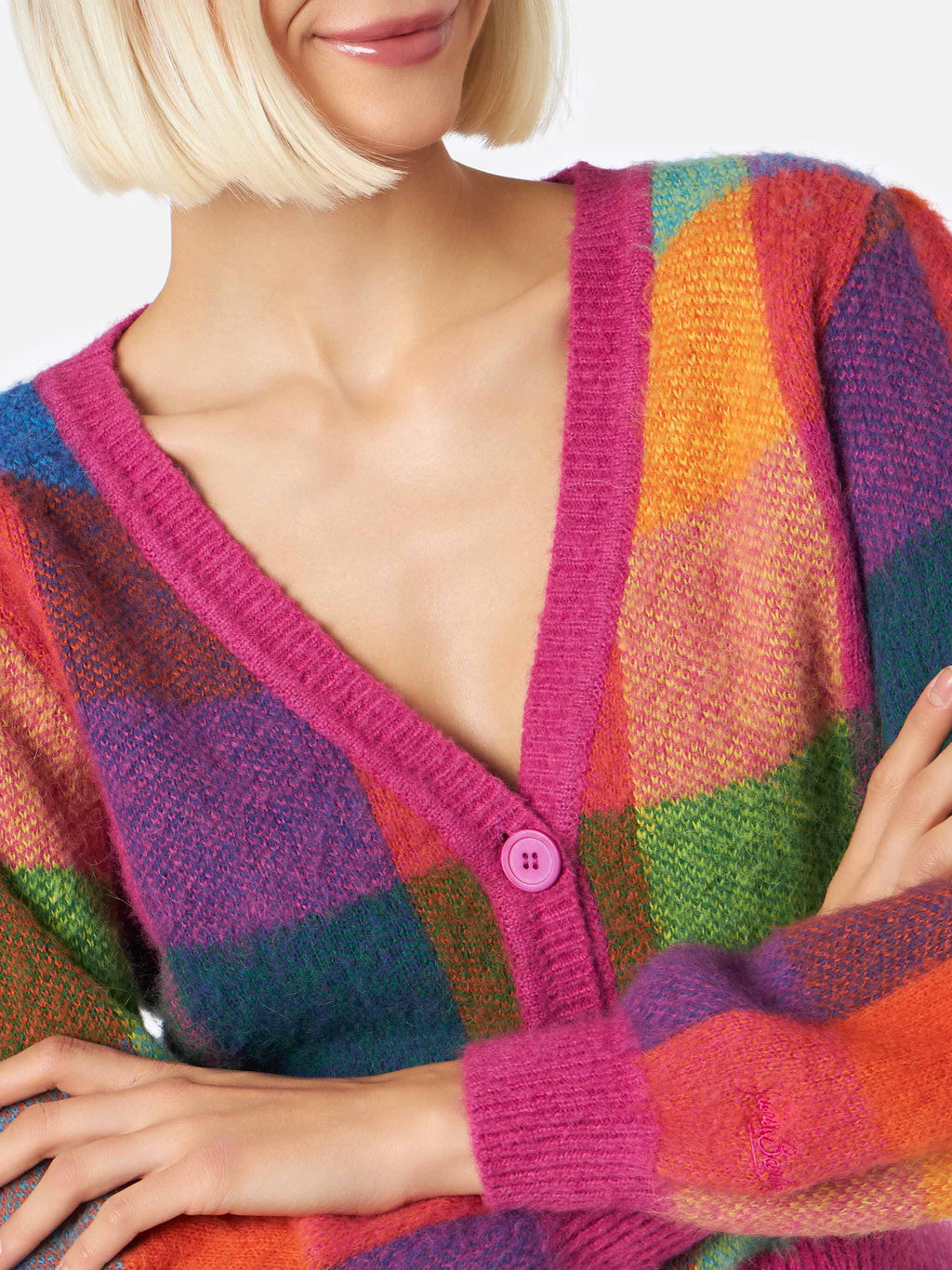 Cardigan corto Lyza Soft a quadri con maniche a sbuffo