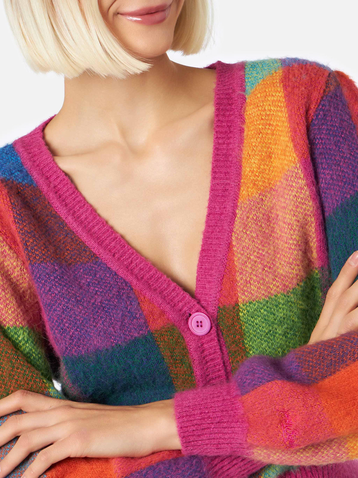 Cardigan corto Lyza Soft a quadri con maniche a sbuffo