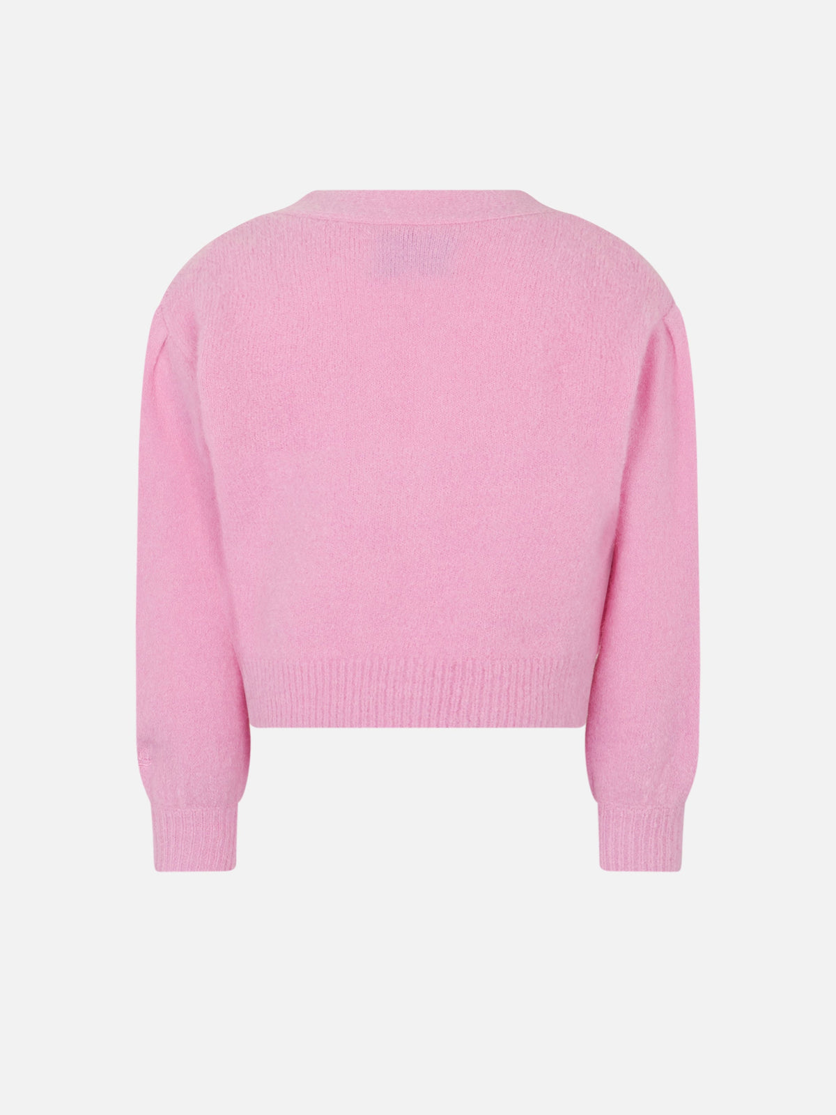 Cardigan corto Lyza Soft Jr rosa con cuori in crochet