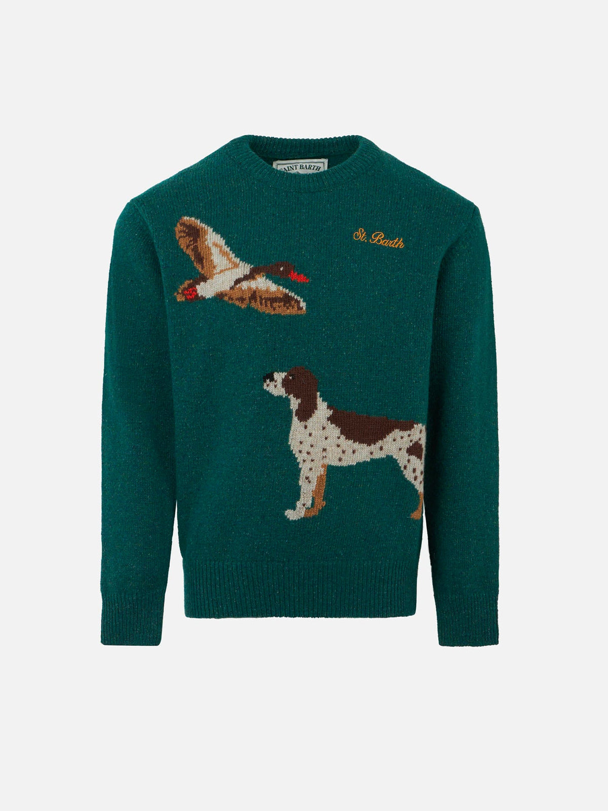Maglione Douglas verde donegal con jacquard cane country e ricamo St. Barth Country Club
