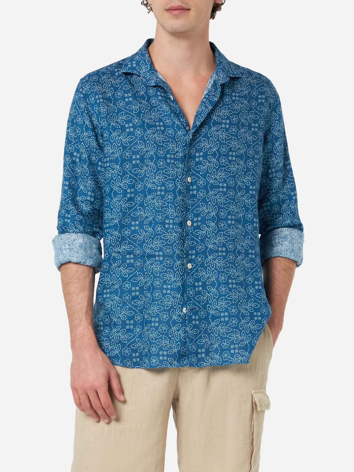 Camicia Pamplona blu navy in lino con motivo sashiko product image 1
