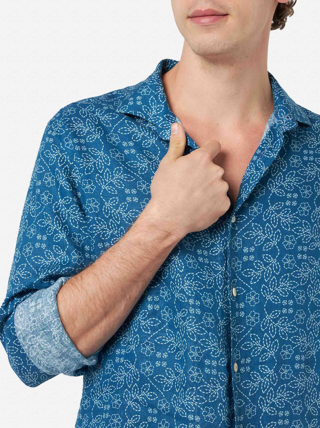 Camicia Pamplona blu navy in lino con motivo sashiko product image 3