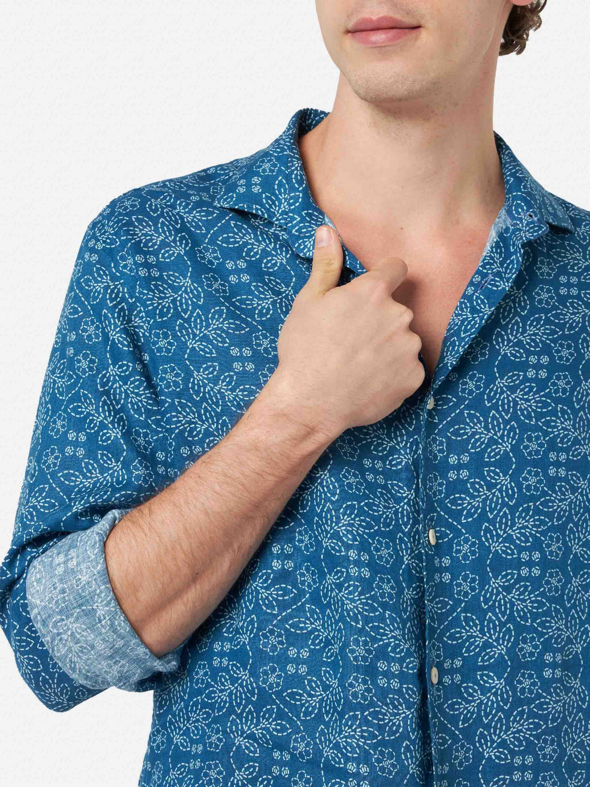 Camicia Pamplona blu navy in lino con motivo sashiko product image 3
