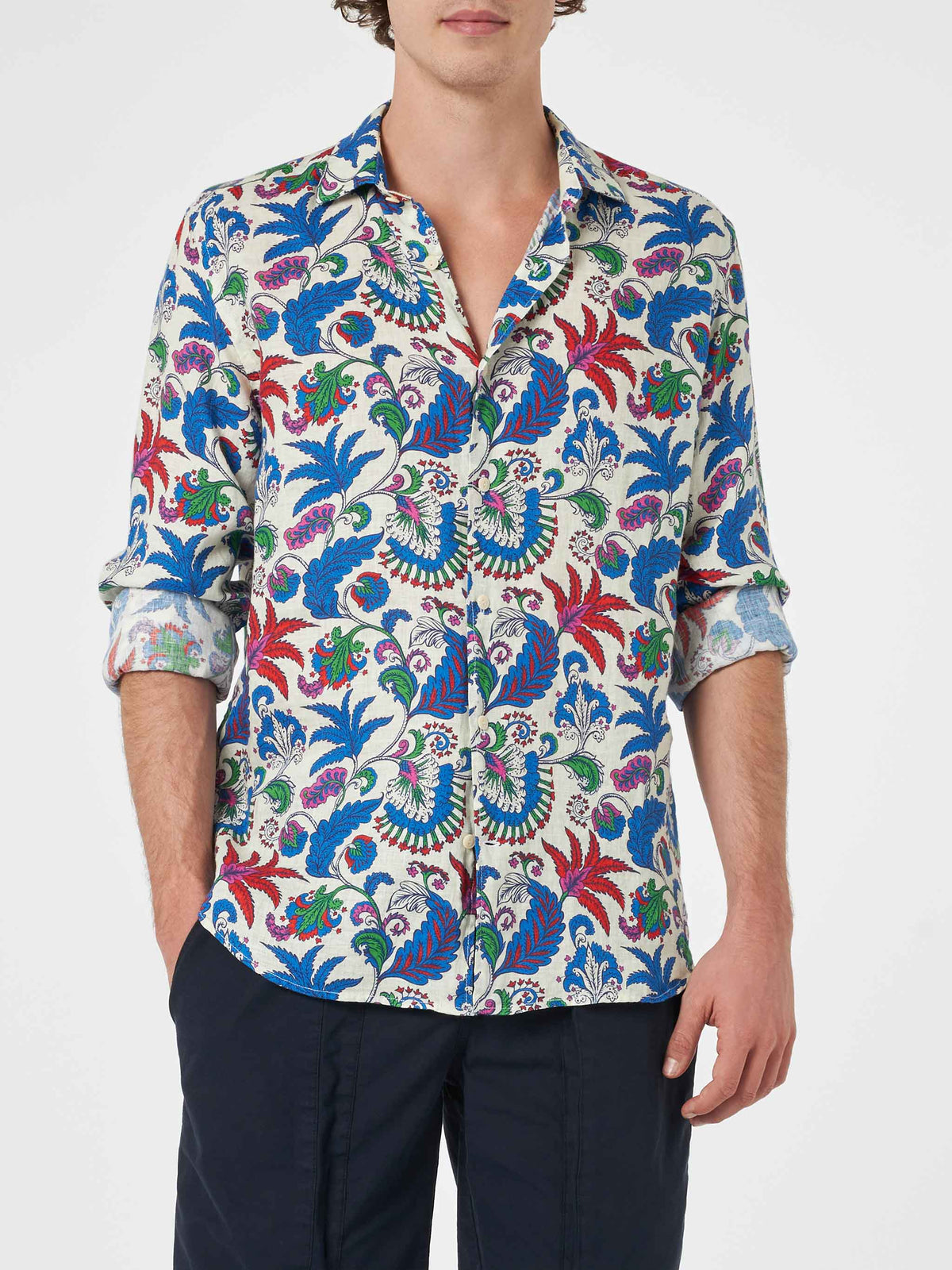 Camicia Pamplona bianco panna in lino con stampa floreale product image 1