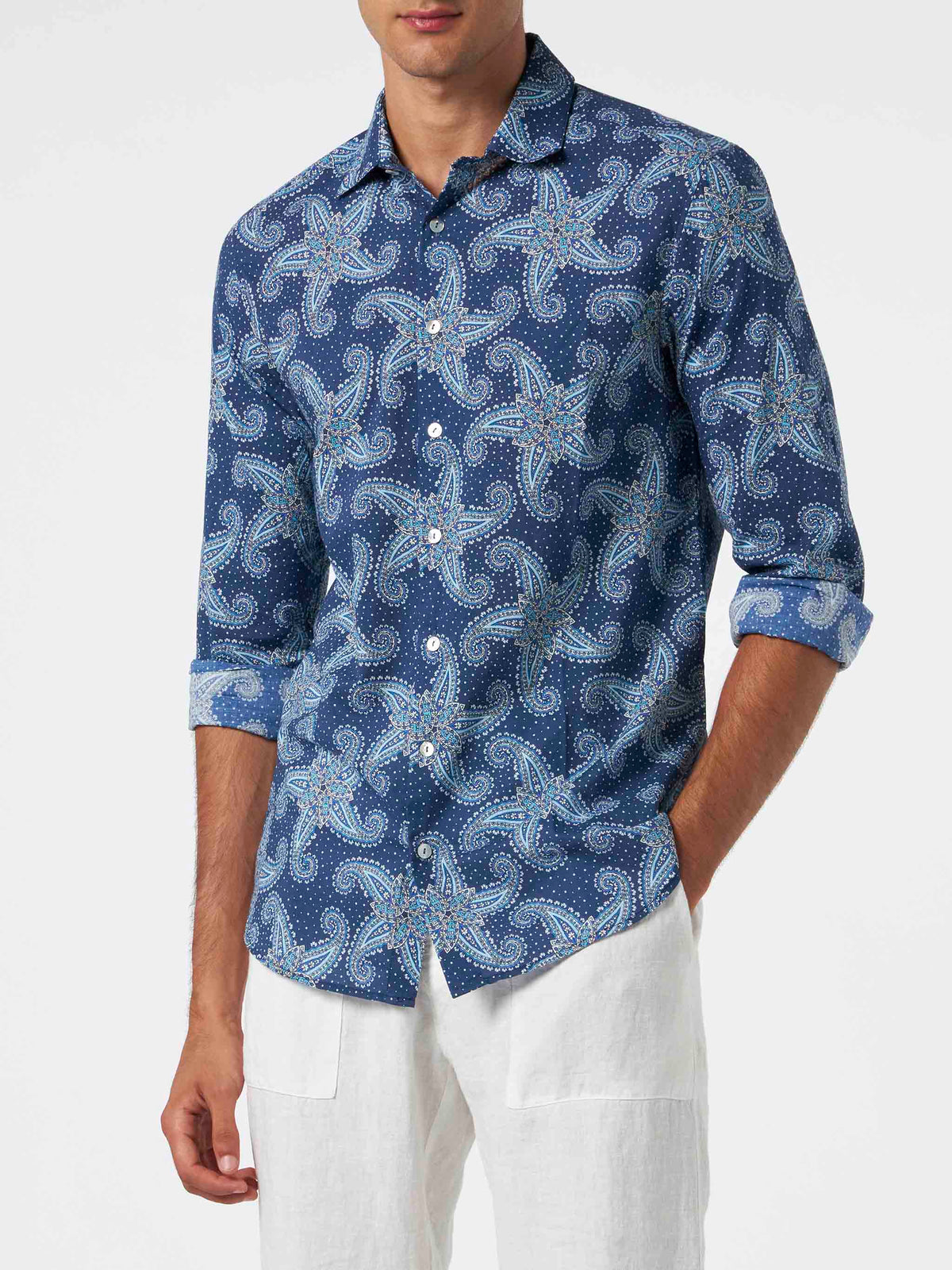 Camicia Sikelia blu navy in mussola con stampa paisley product image 1