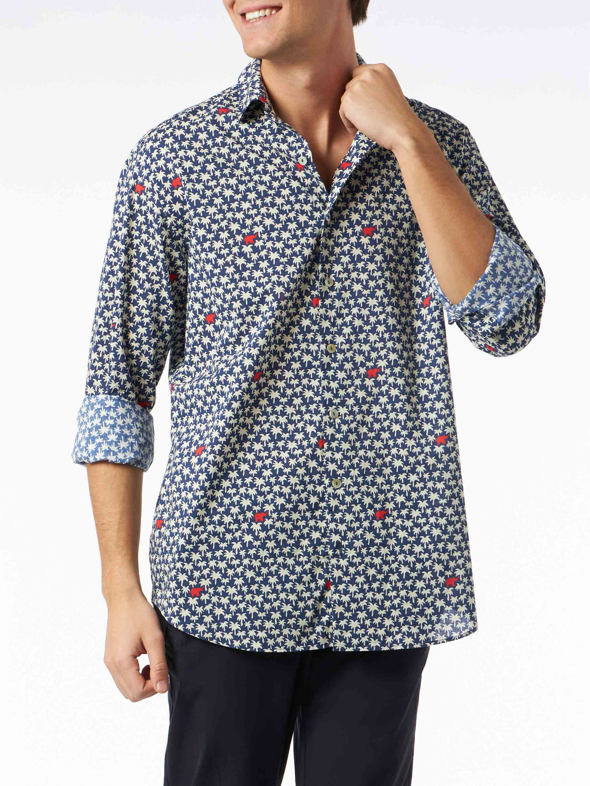 Camicia Sikelia blu navy in mussola con stampa palme product image 1