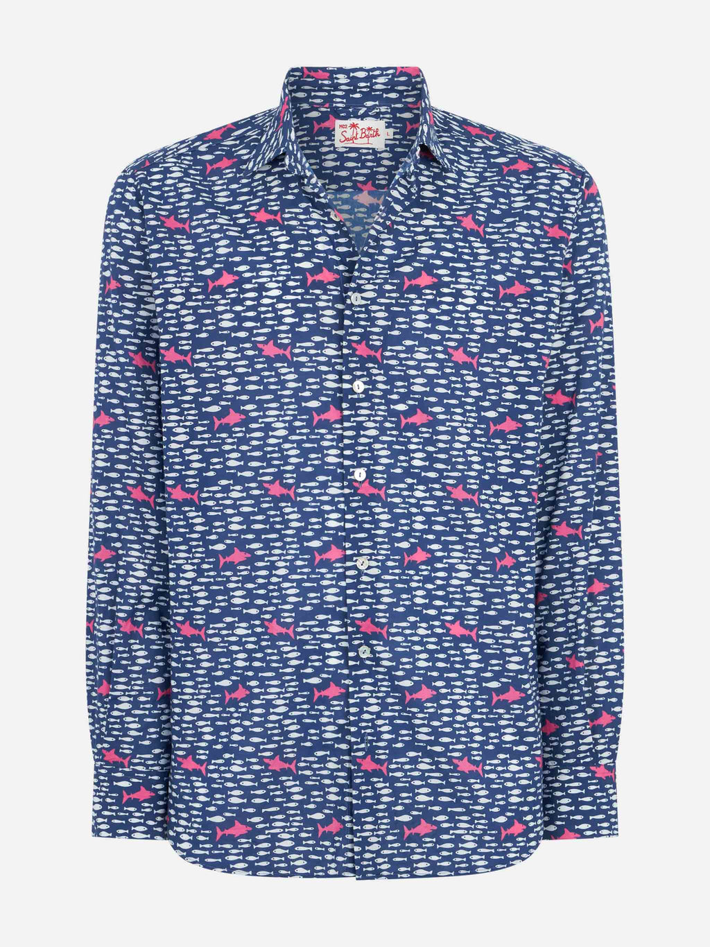 Camicia Sikelia blu navy in mussola con stampa pesci e product image 4