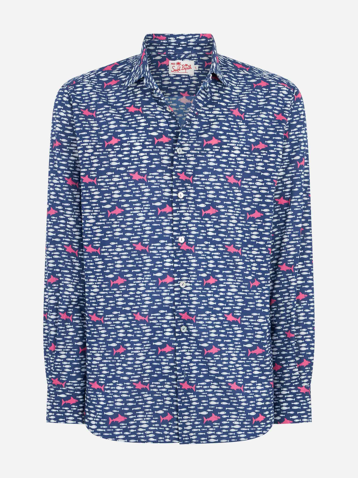 Camicia Sikelia blu navy in mussola con stampa pesci e product image 4