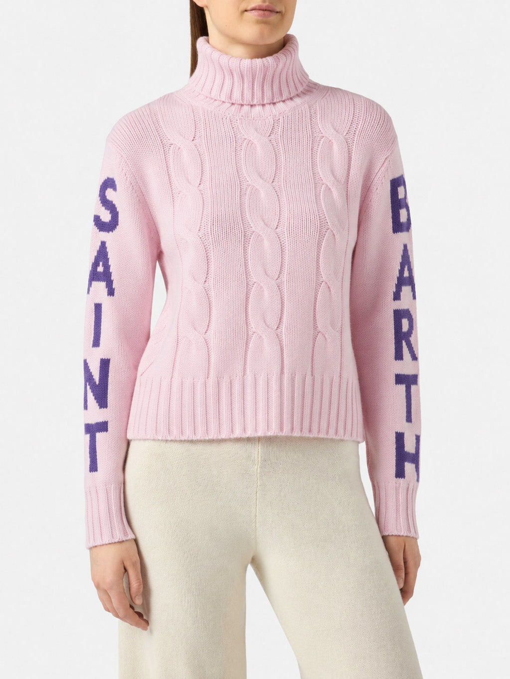 Maglia dolcevita Adler rosa a trecce con jacquard logo