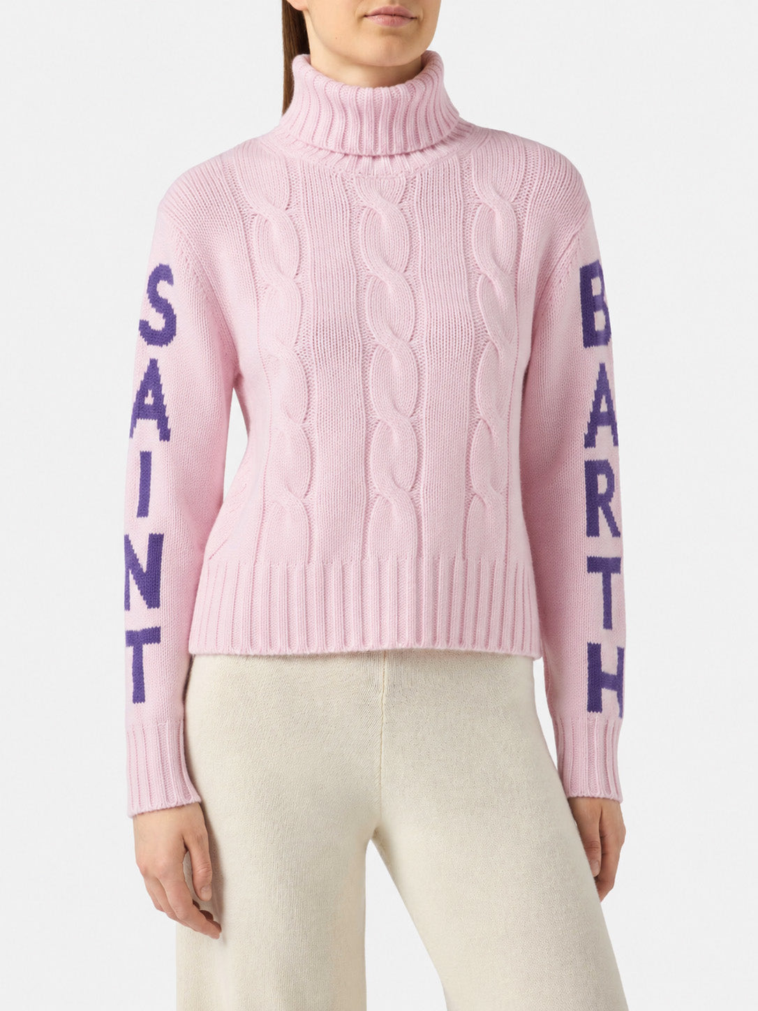 Maglia dolcevita Adler rosa a trecce con jacquard logo