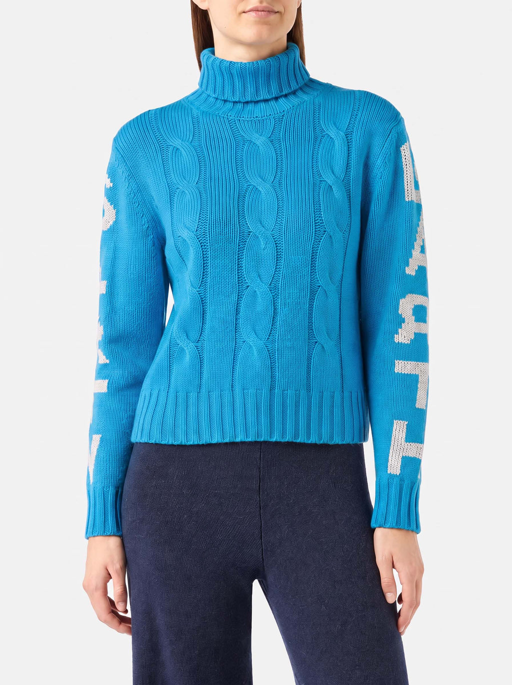 Maglia dolcevita Adler turchese a trecce con jacquard logo