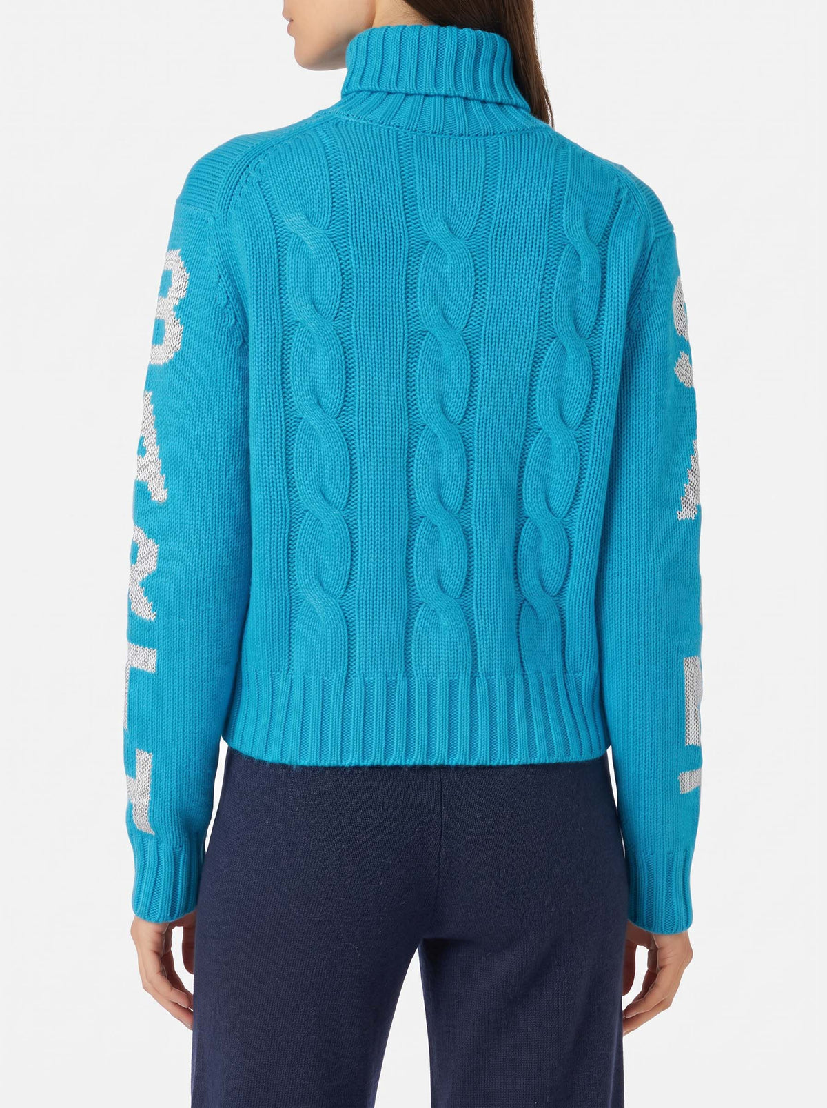 Maglia dolcevita Adler turchese a trecce con jacquard logo