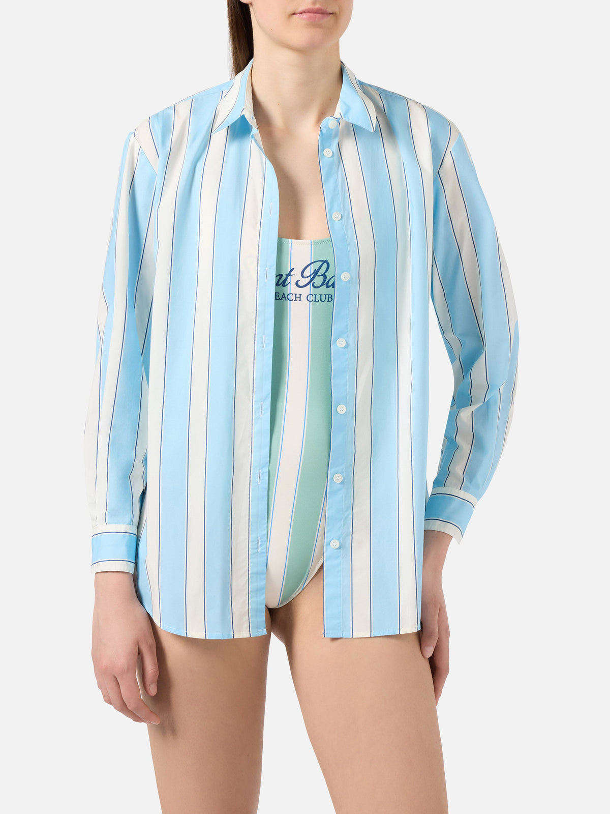 Camicia Brigitte in cotone a righe azzurre con ricamo Sport product image 1