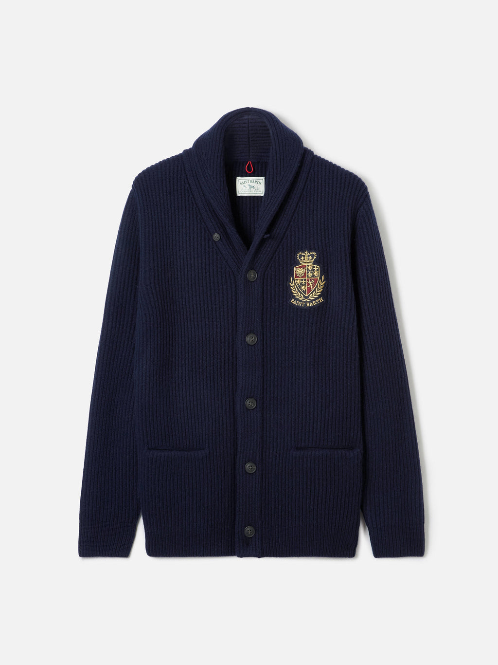 Cardigan Burford blu navy con collo a scialle e patch logo