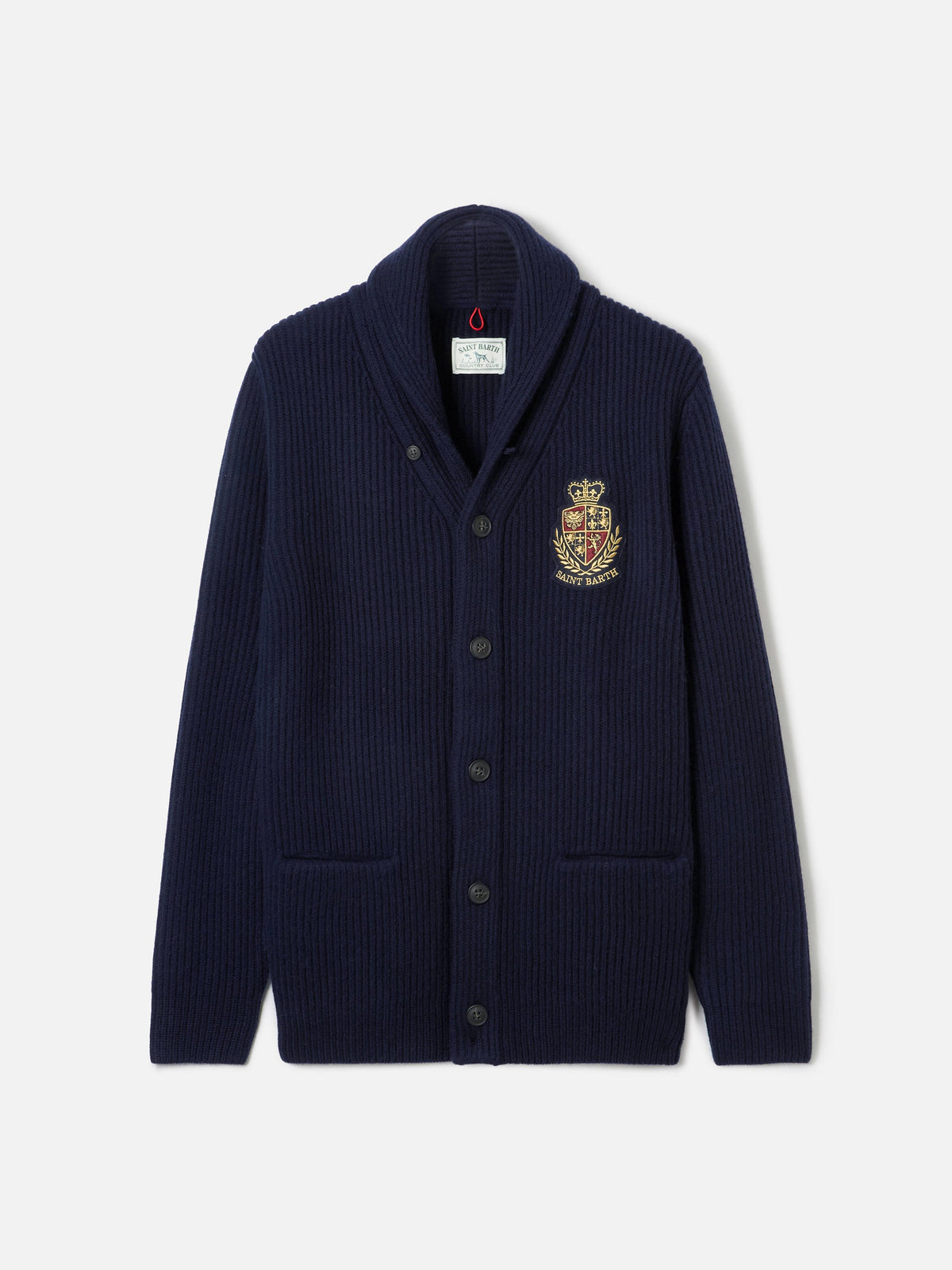 Cardigan Burford blu navy con collo a scialle e patch logo