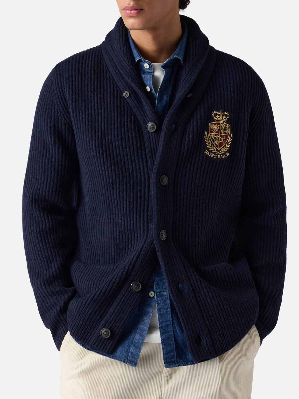 Cardigan Burford blu navy con collo a scialle e patch logo