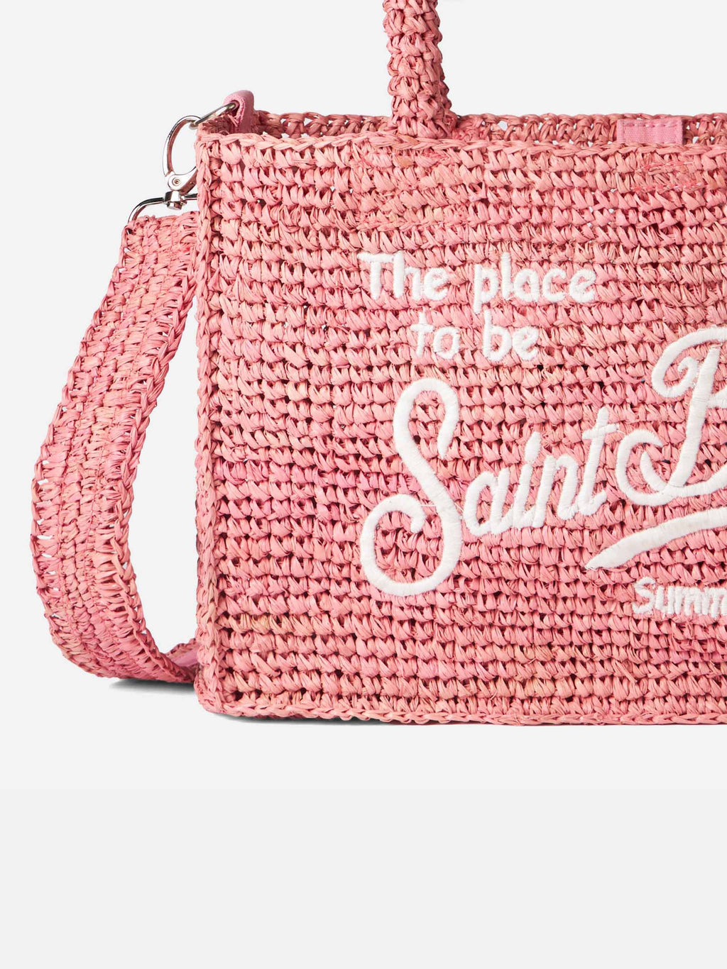 Borsa a mano Colette rosa in rafia con ricamo bianco