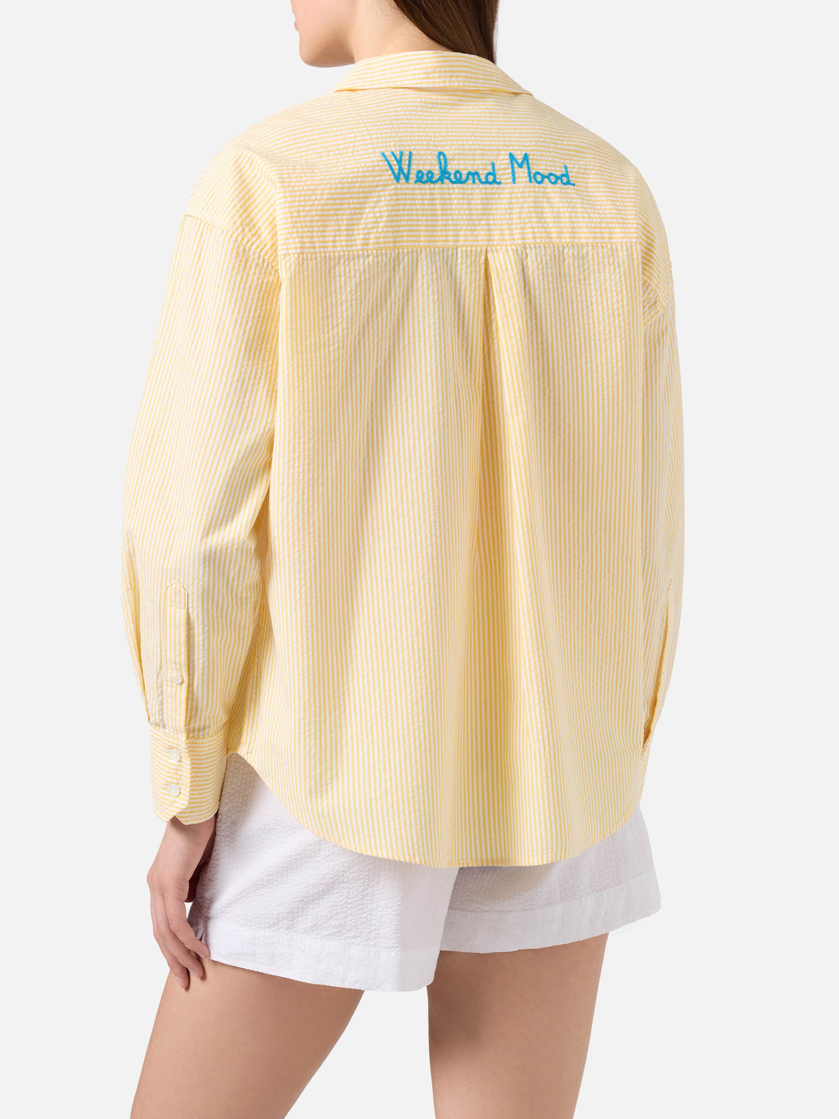 Camicia Cristal in seersucker a righe gialle con ricamo product image 1