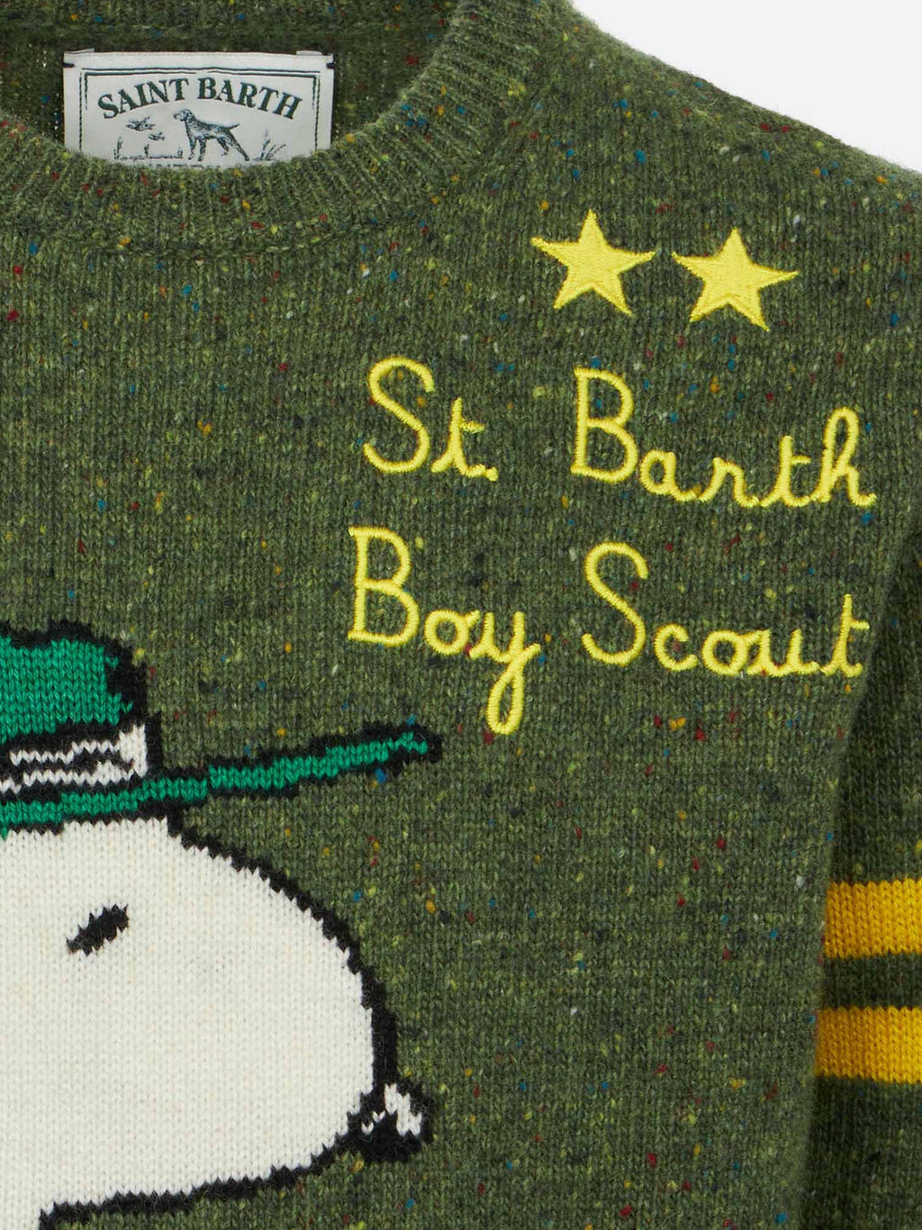 Maglione Douglas verde militare con jacquard Snoopy e Woodstock e ricamo St. Barth Boy Scout | Special Edition