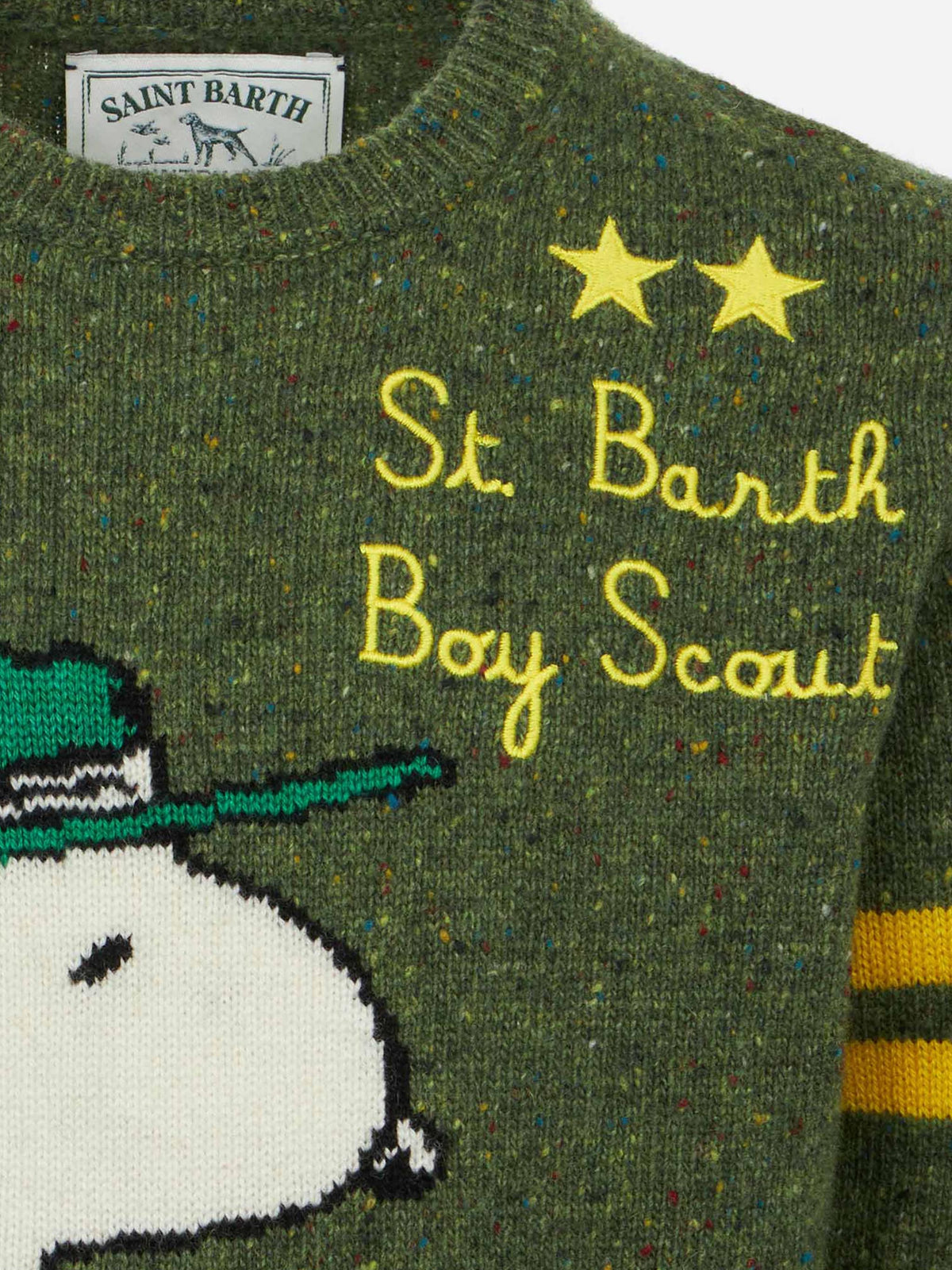 Maglione Douglas verde militare con jacquard Snoopy e Woodstock e ricamo St. Barth Boy Scout | Special Edition