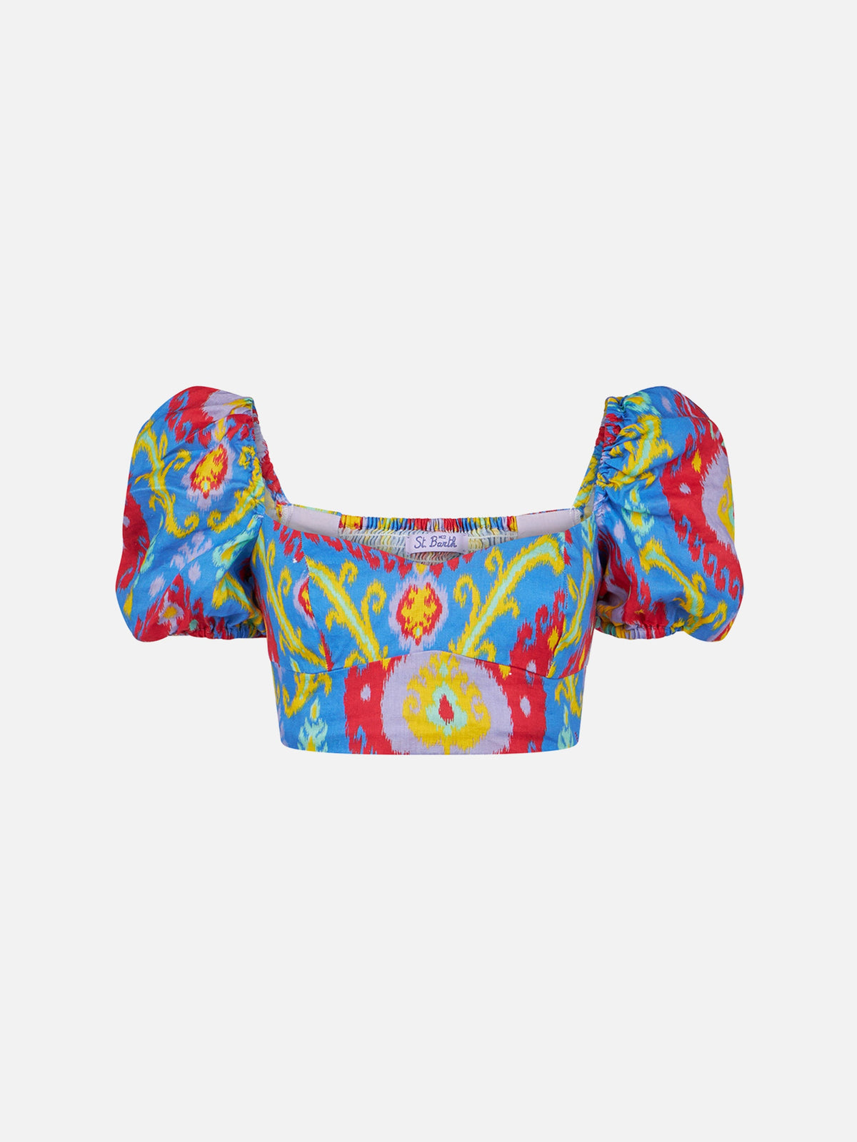 Top corto Delia in lino con stampa ikat