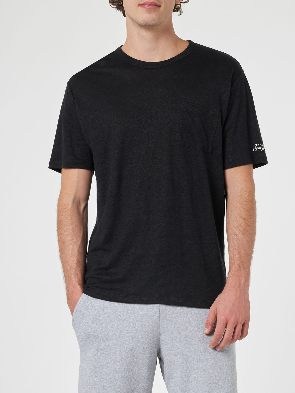 T-shirt Ecstasea nera in lino con taschino sul petto product image 2