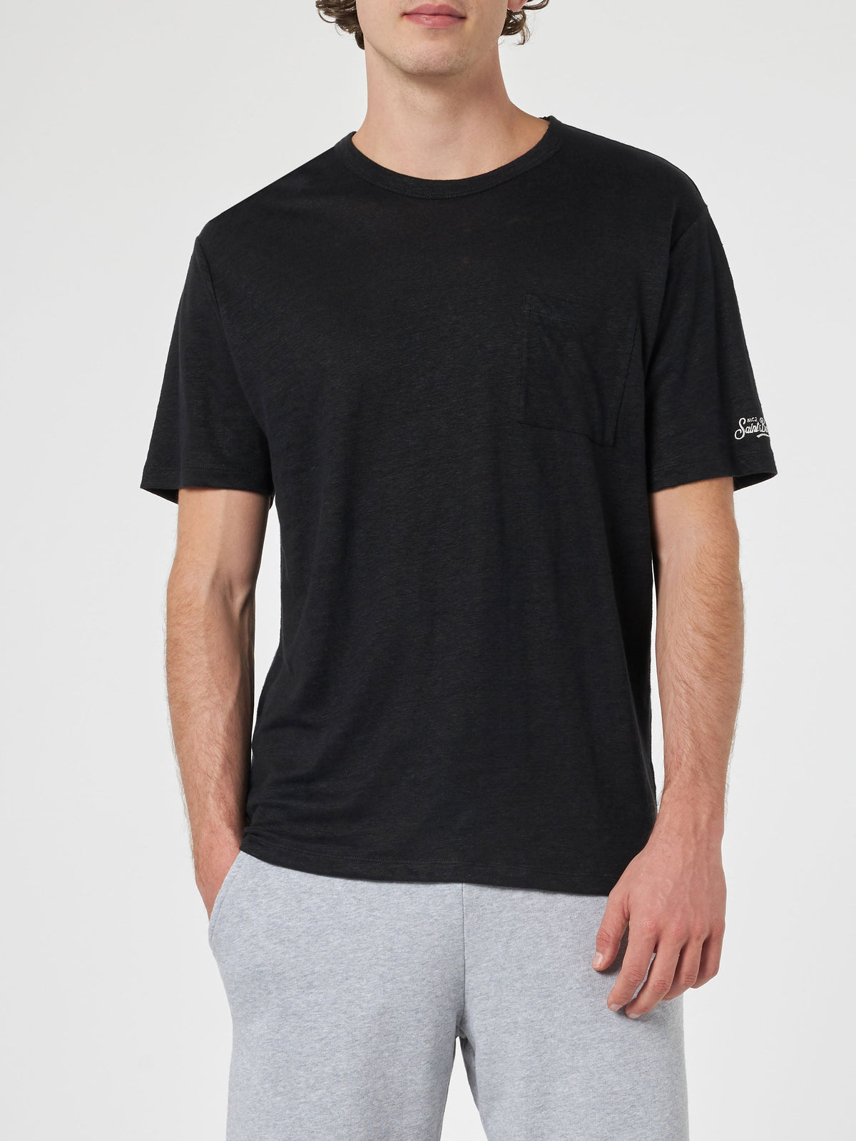 T-shirt Ecstasea nera in lino con taschino sul petto product image 2