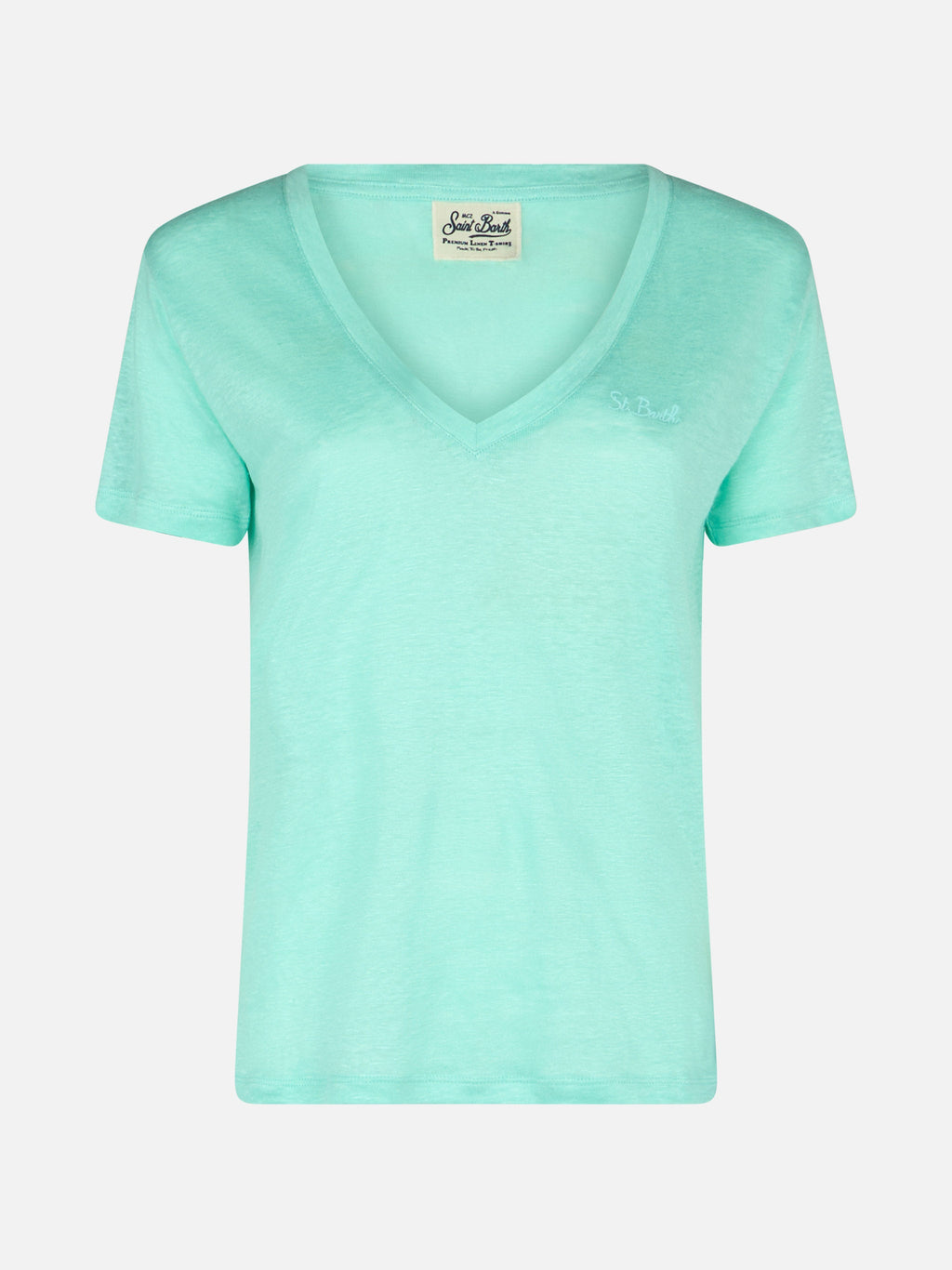 T-shirt Eloise verde salvia in lino con scollo a V e ricamo product image 4