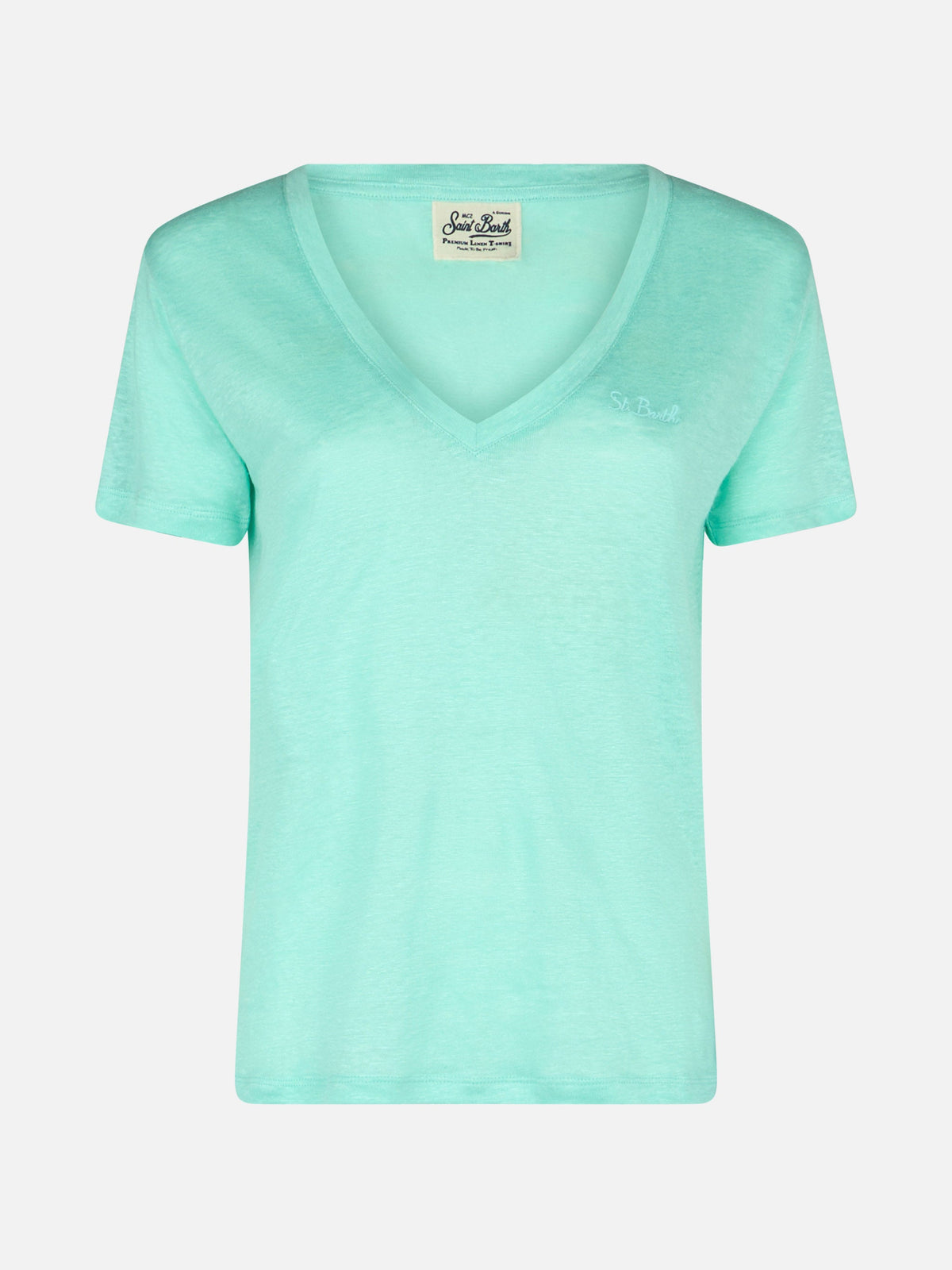 T-shirt Eloise verde salvia in lino con scollo a V e ricamo product image 4