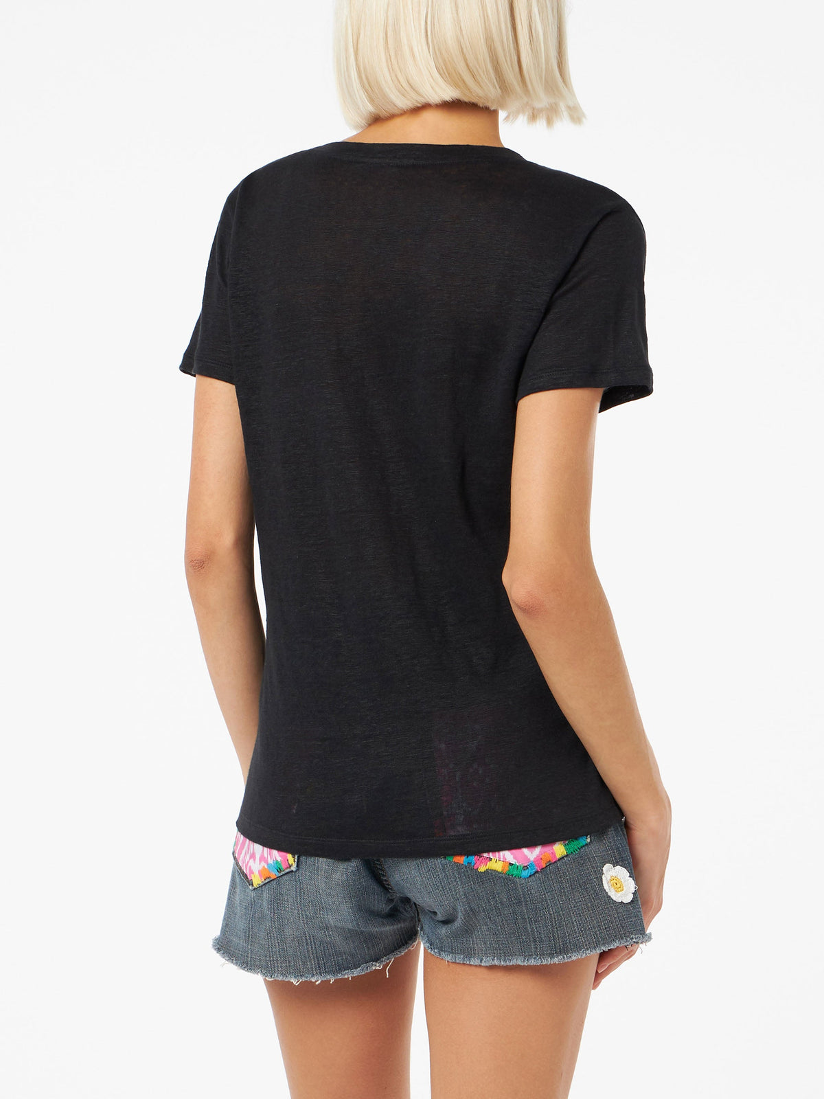T-shirt Eloise nera in lino con scollo a V e ricamo logo product image 3