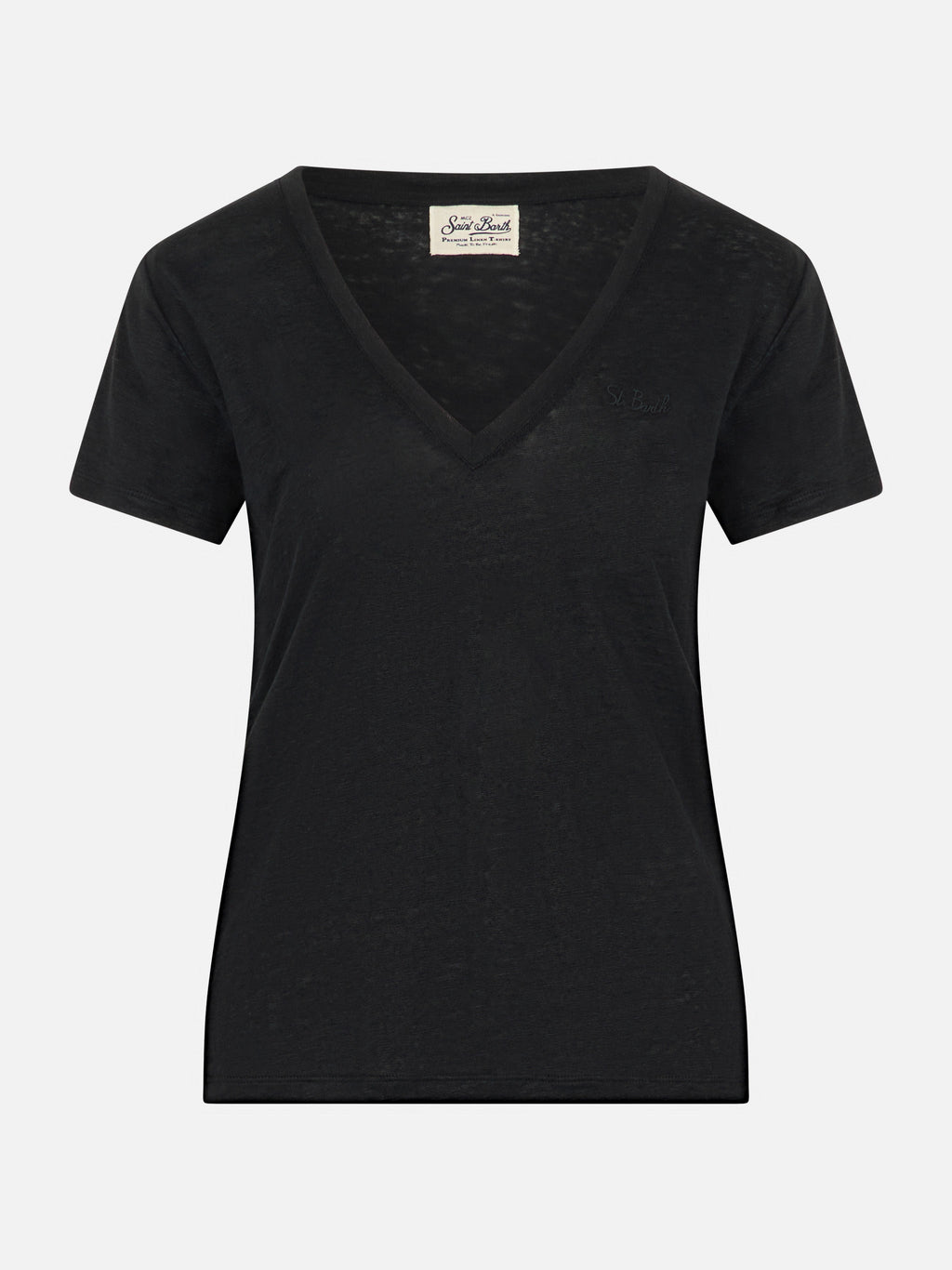 T-shirt Eloise nera in lino con scollo a V e ricamo logo product image 4